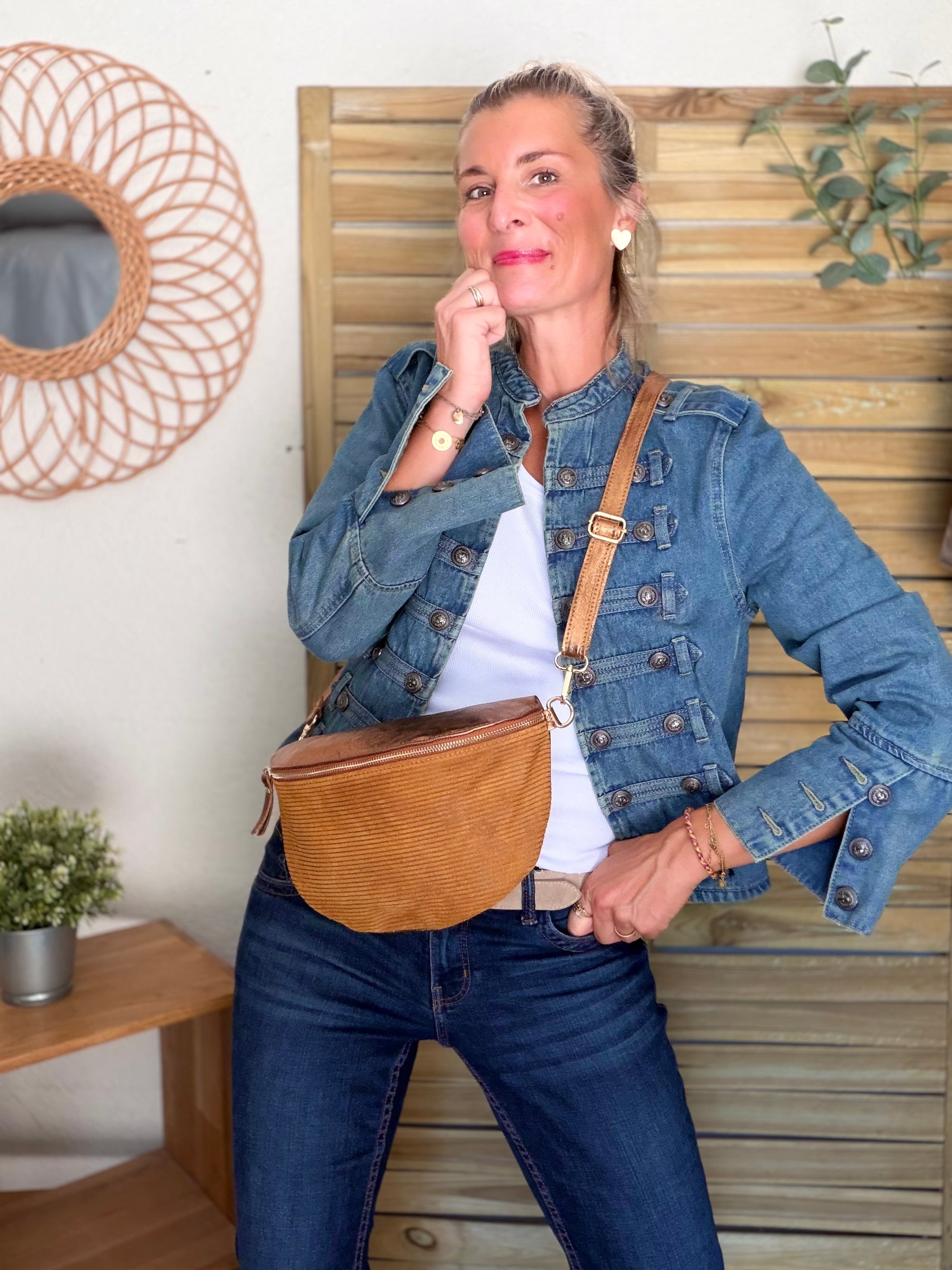 Sac banane XL 30cm en cuir irisé et velours - JANIS - Camel bi-matière