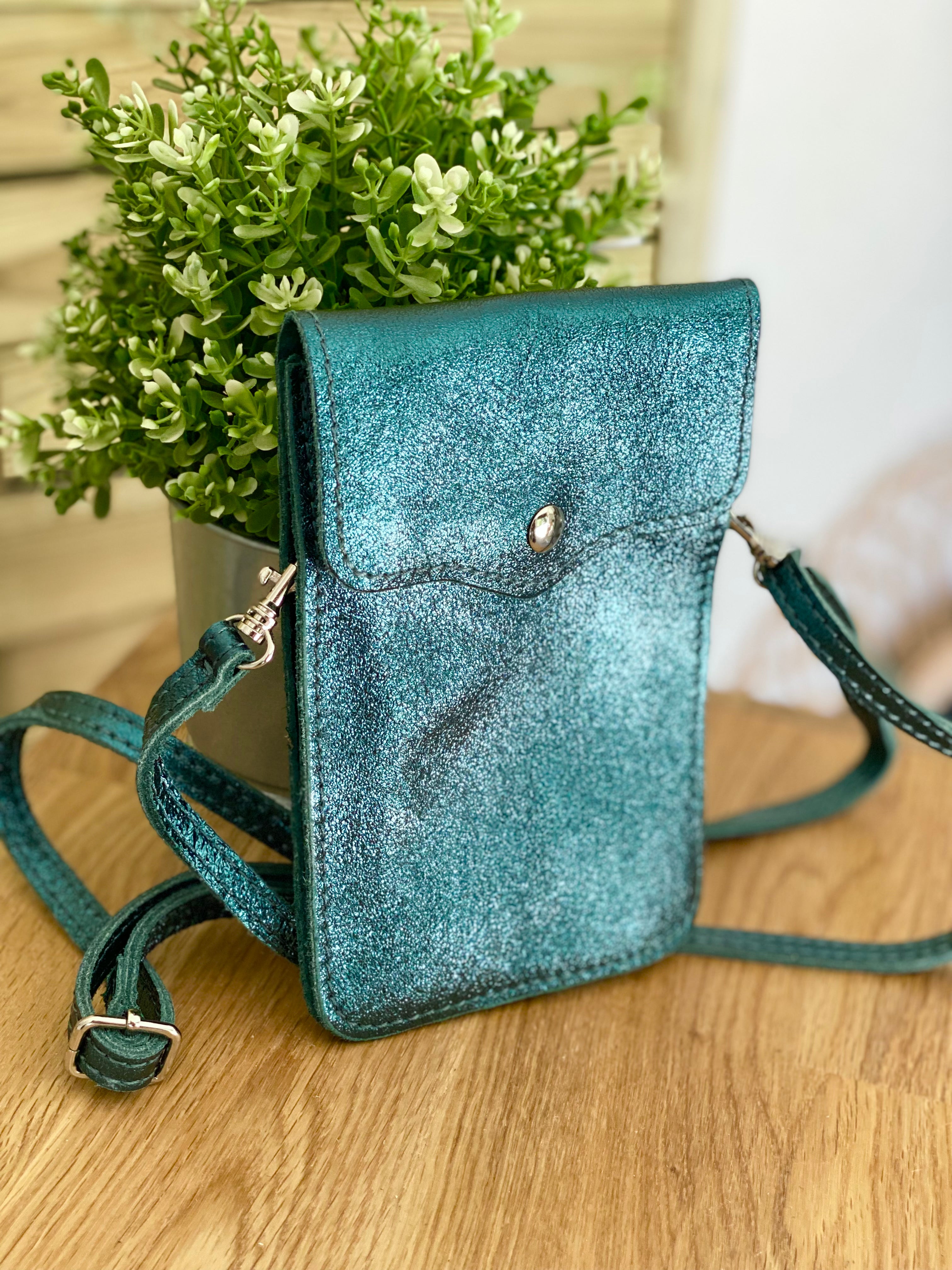 Pochette bandoulière en cuir irisé - FLORE - Bleu pétrole (7 coloris)