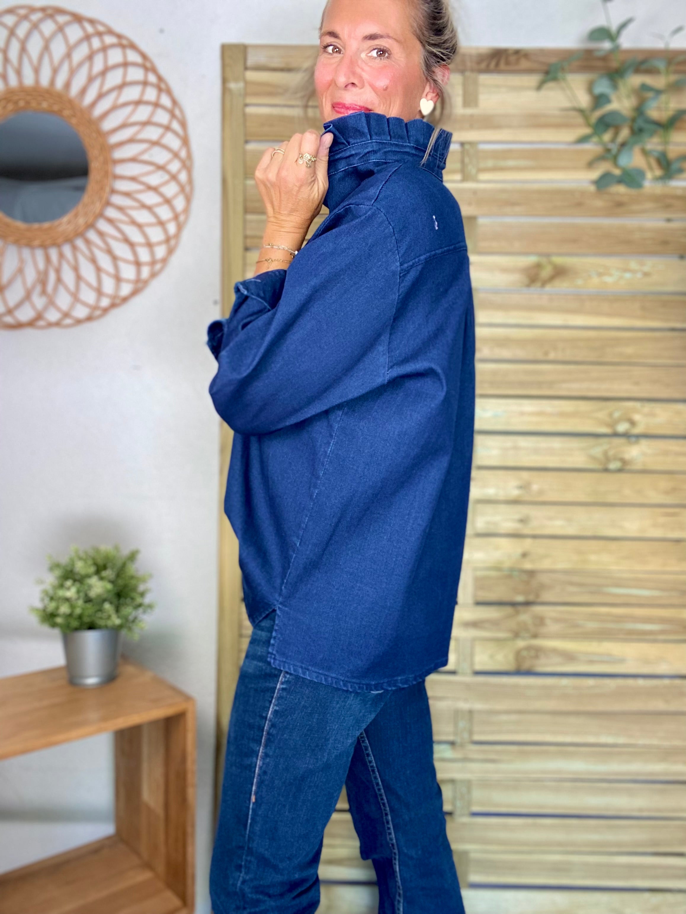 Veste / Chemise en coton, col volanté Bleu Jean LISON