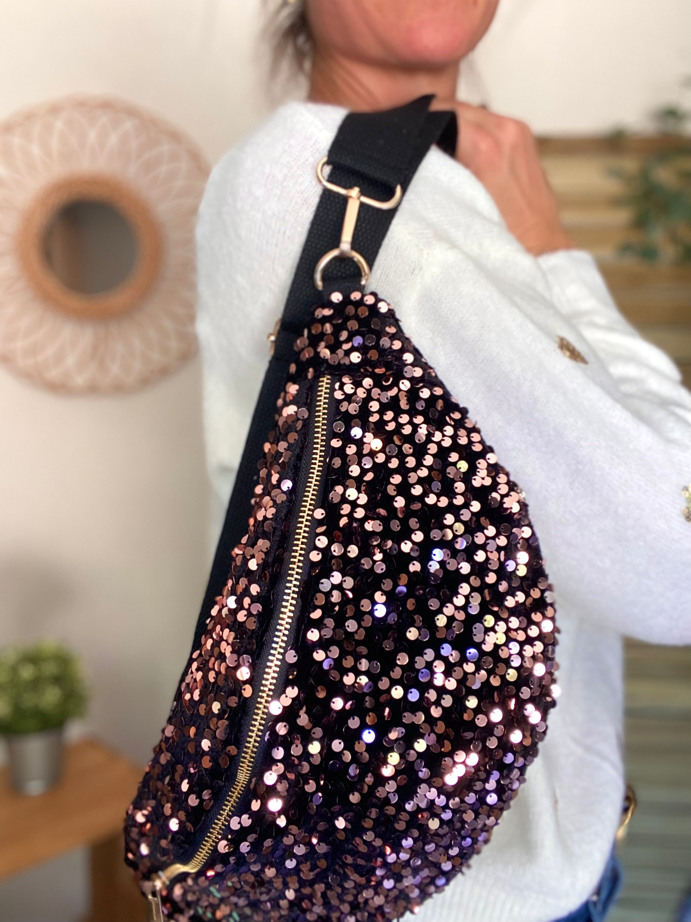 Sac banane L velours à sequins Ciao Boum - TAYLOR - Noir à sequins rosés