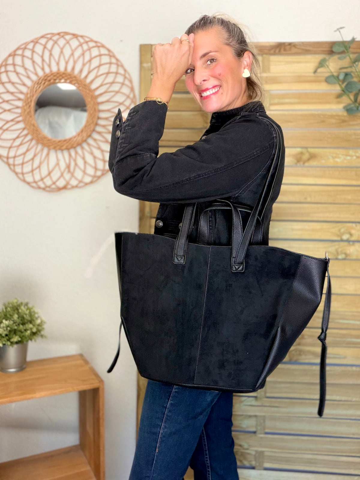 Grand Sac cabas 2 en 1 en simili daim - LAURÈNE Noir