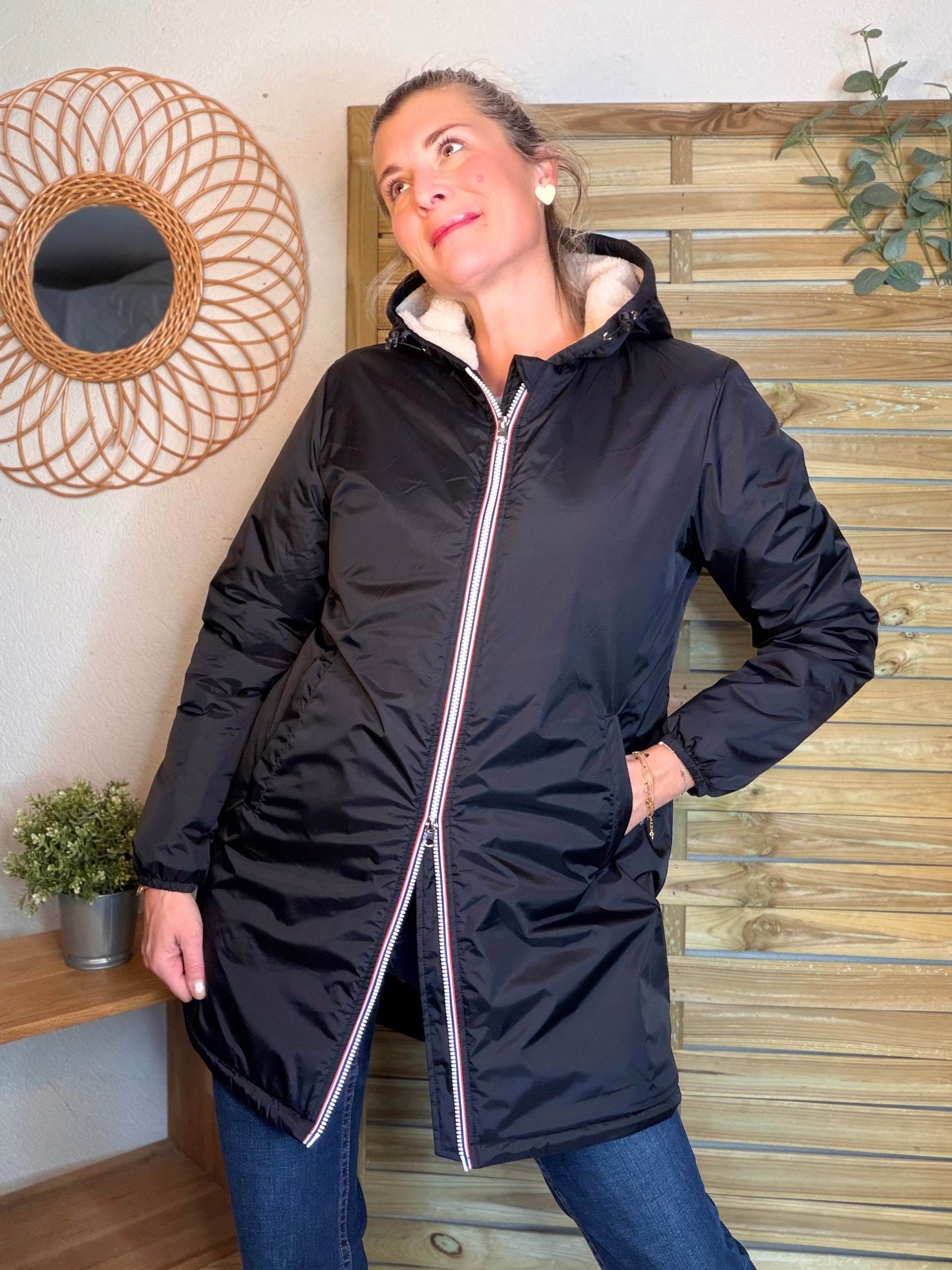 Parka Imperméable LOUISE LONG Sherpa écru - Noir - LAURA JO