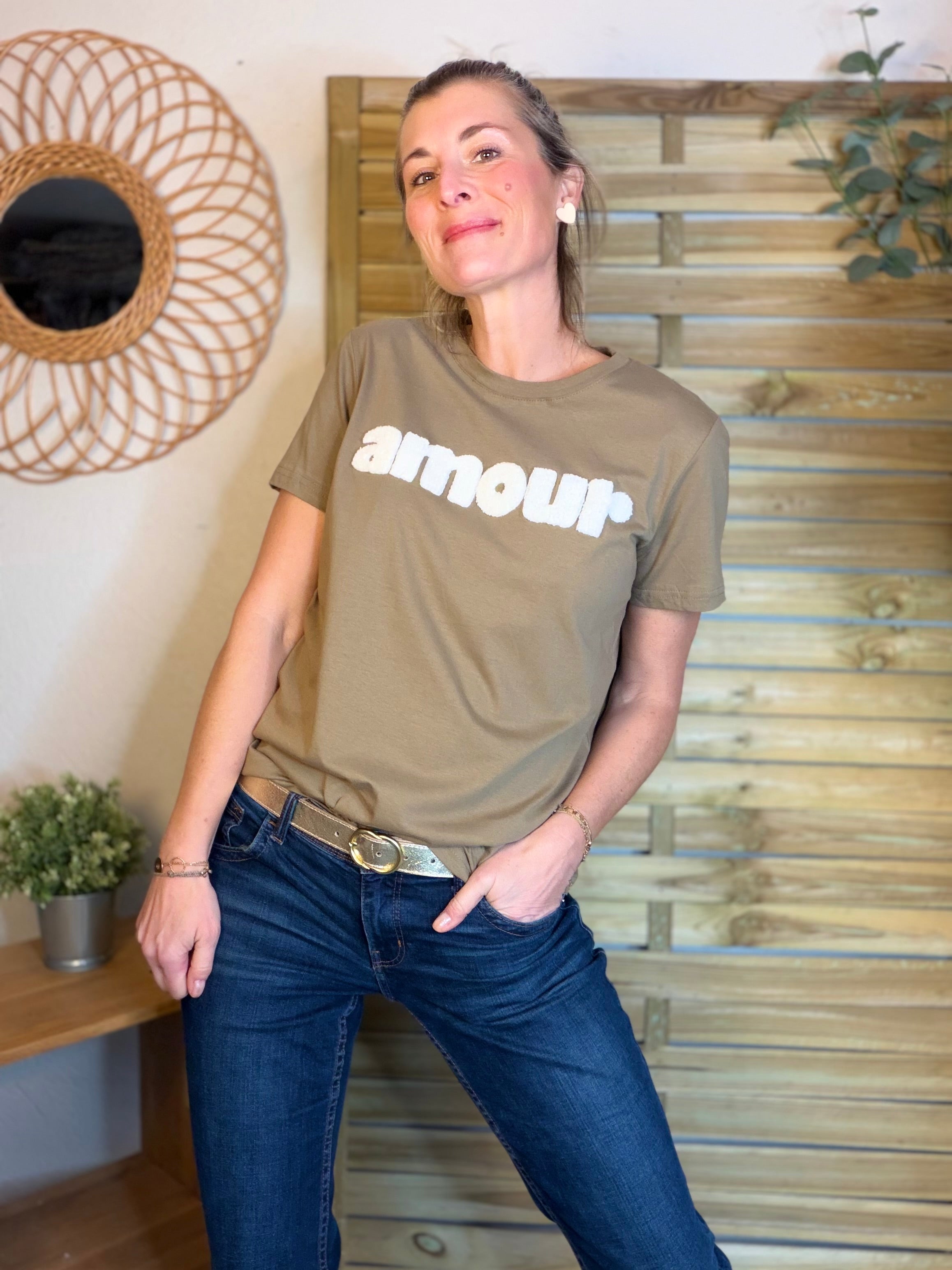 Tee shirt amour MAÏA Kaki/Blanc