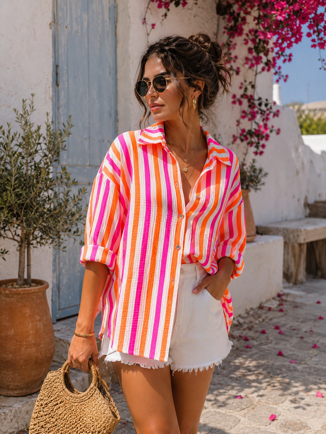 Chemise en gaze de coton rayée FÉLICIE Fluo Blanc