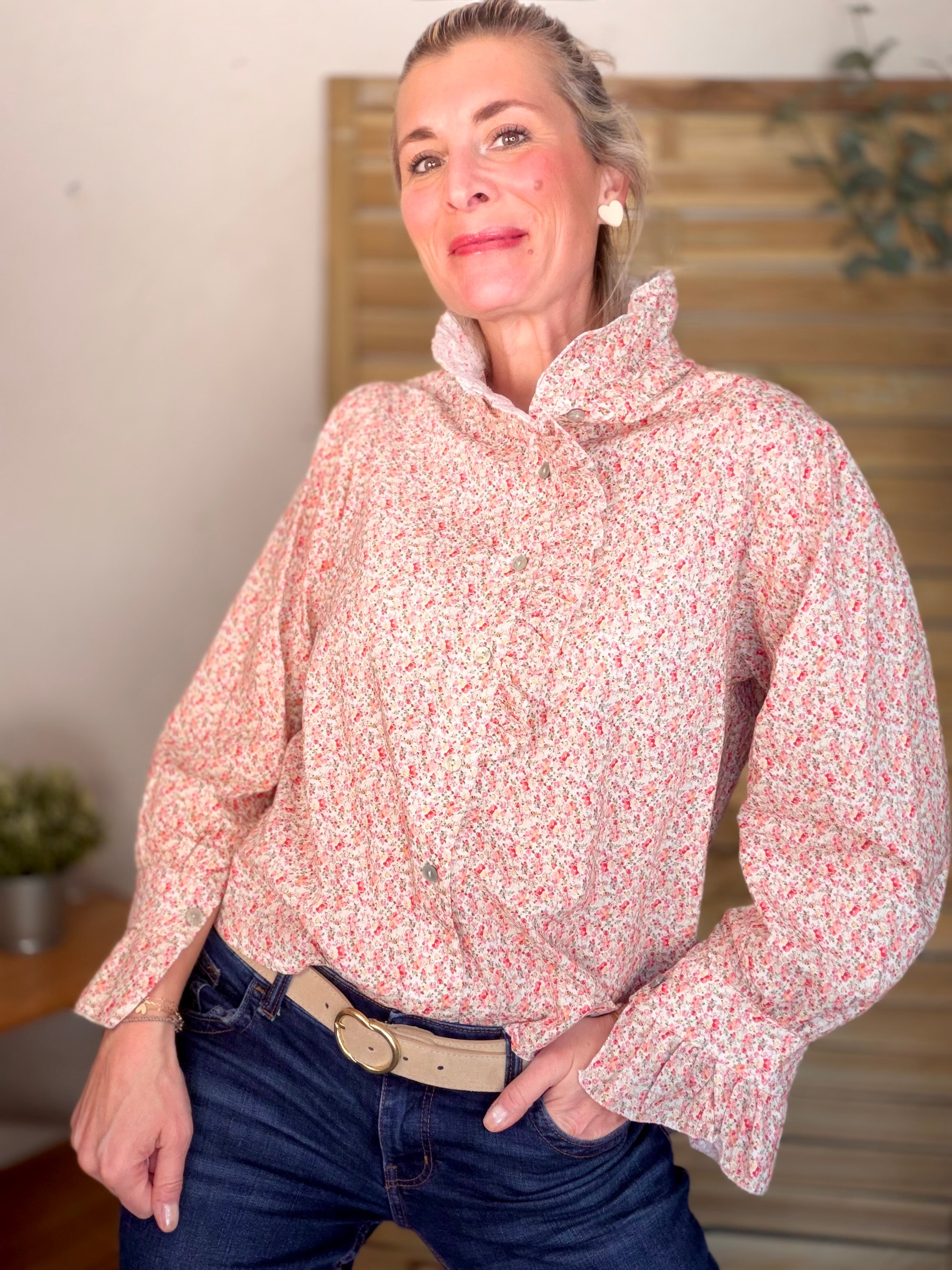 Chemise imprimée Liberty col volanté HÉLOÏSE - Rouge rosé