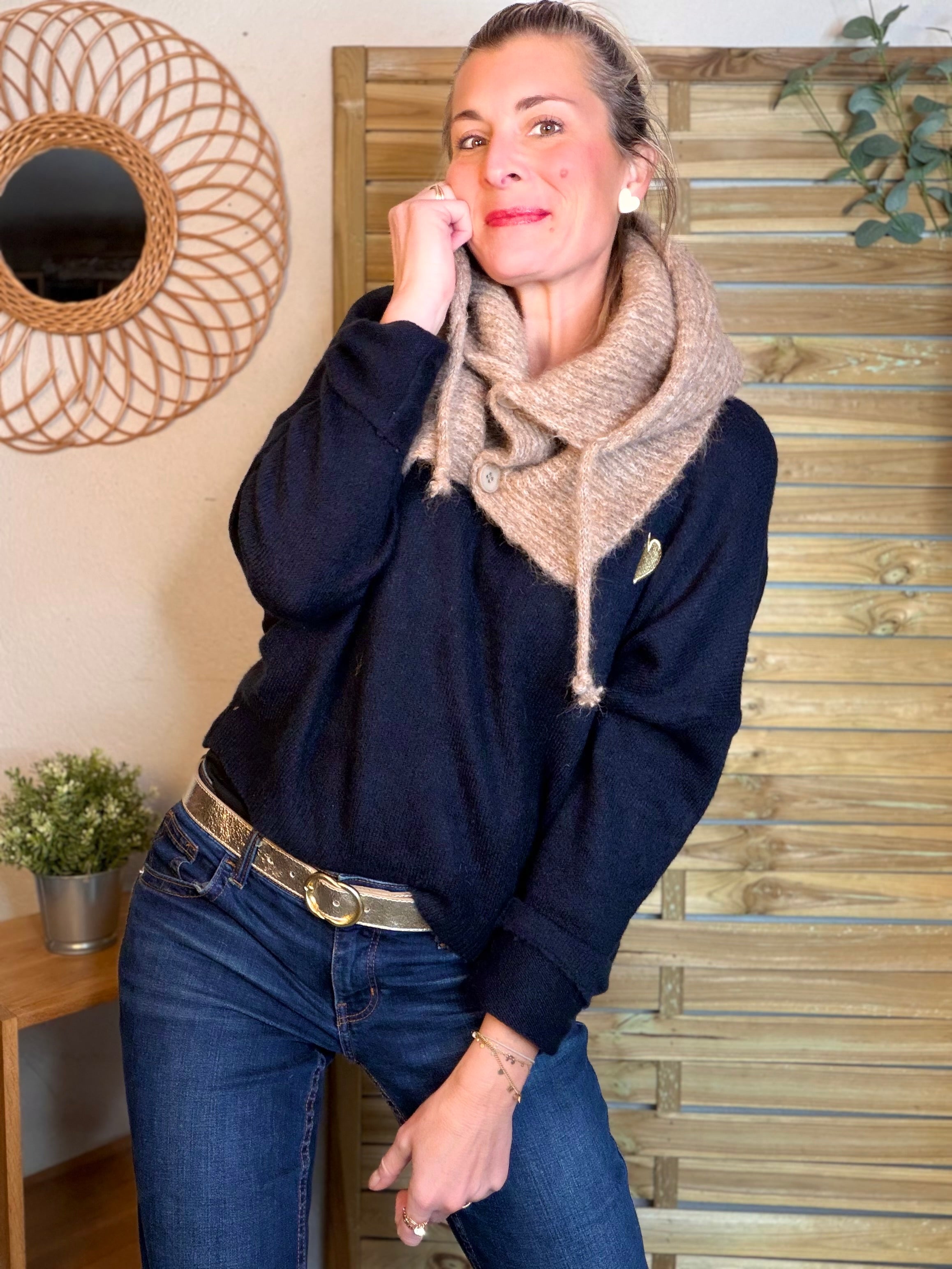 Pull léger en maille cœur doré brodé 💛 MELISSA - Bleu marine