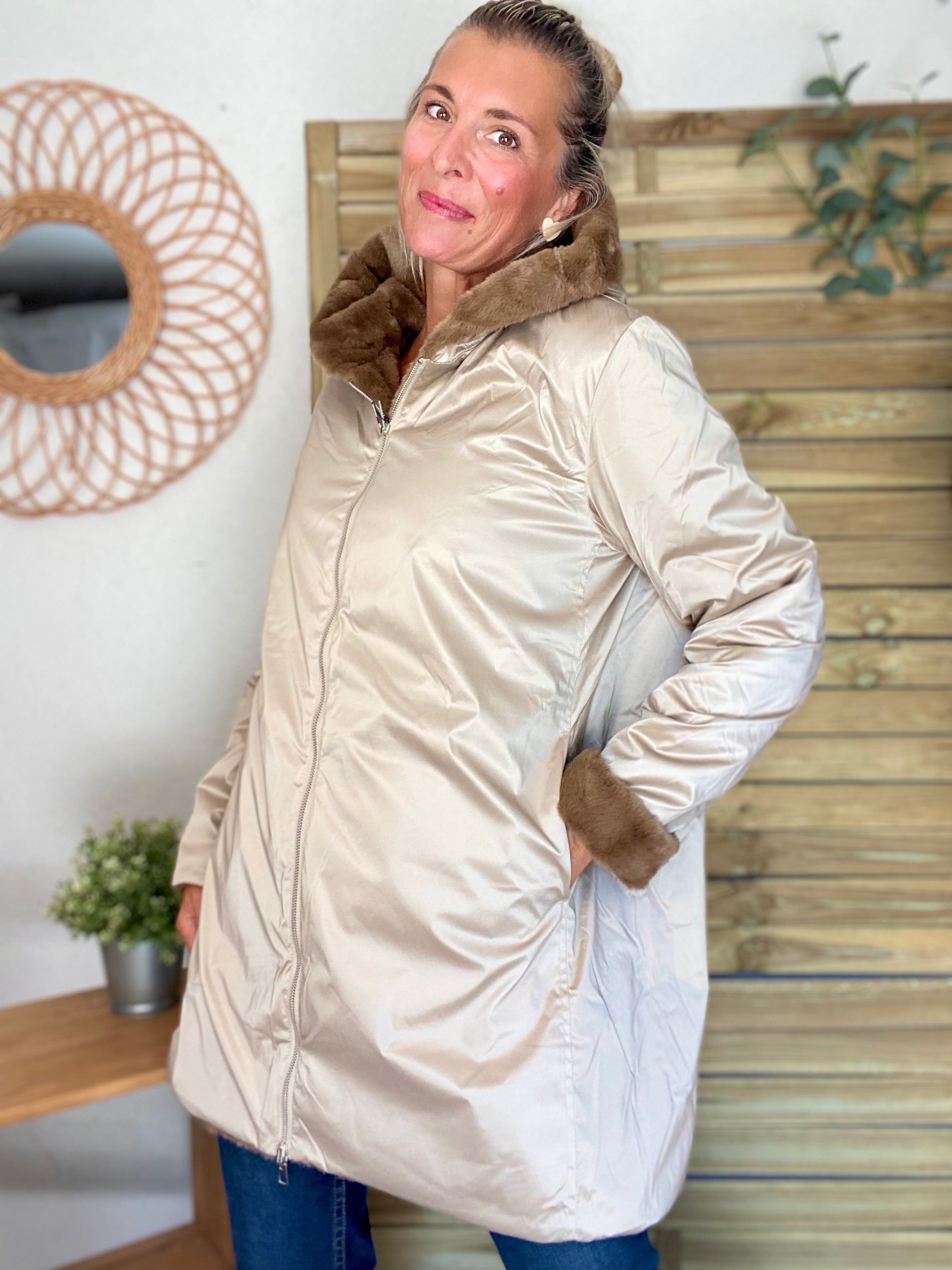 Parka Imperméable réversible fourrée Sable irisé / Camel ALIX - LAURA JO