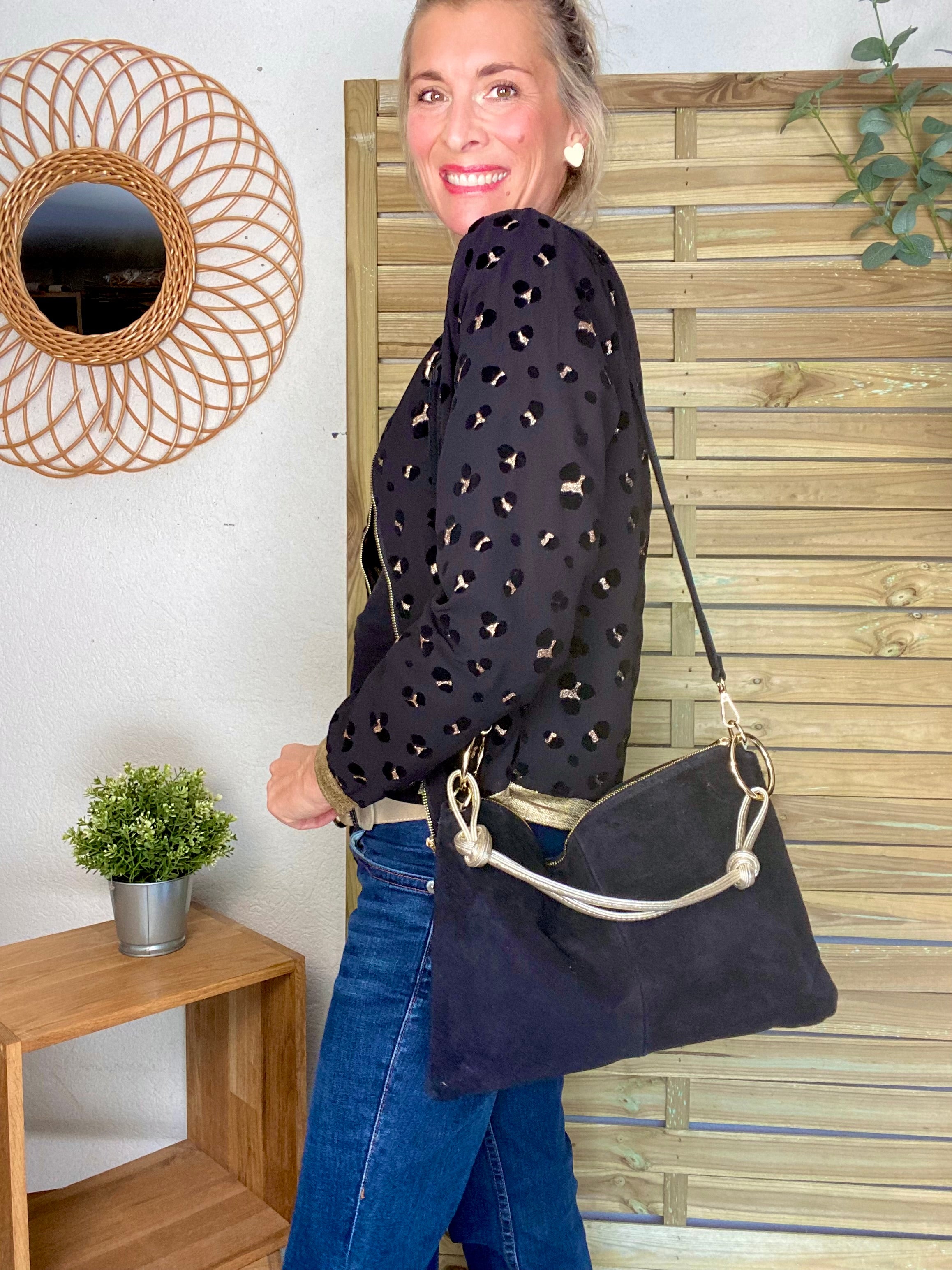 ⚡️PÉPITES FRIDAY - Sac en cuir daim 2 bandoulières (or et noir) - Noir - PACEY