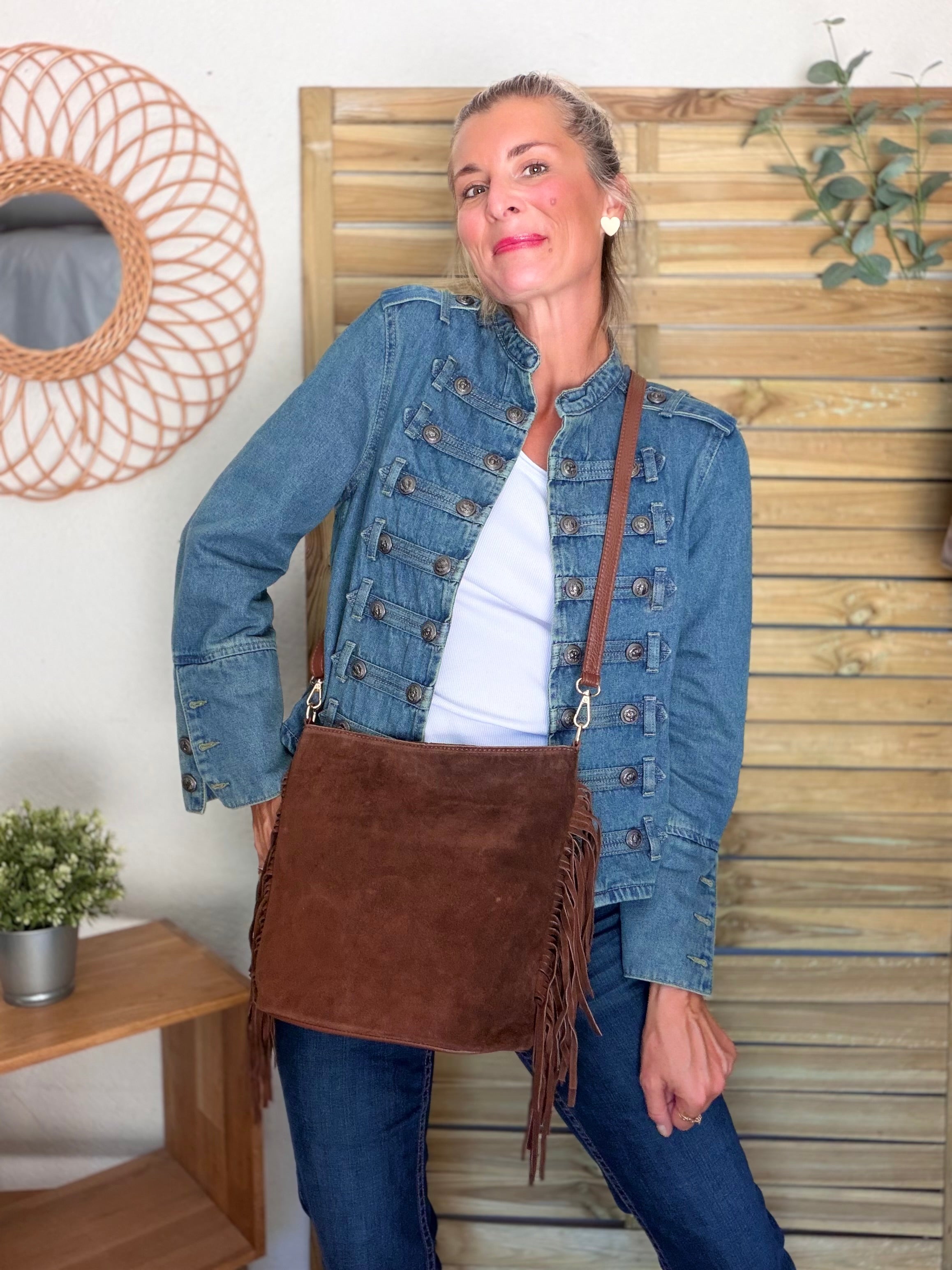 Sac seau en cuir daim avec franges KYLIE - Camel foncé (Café)