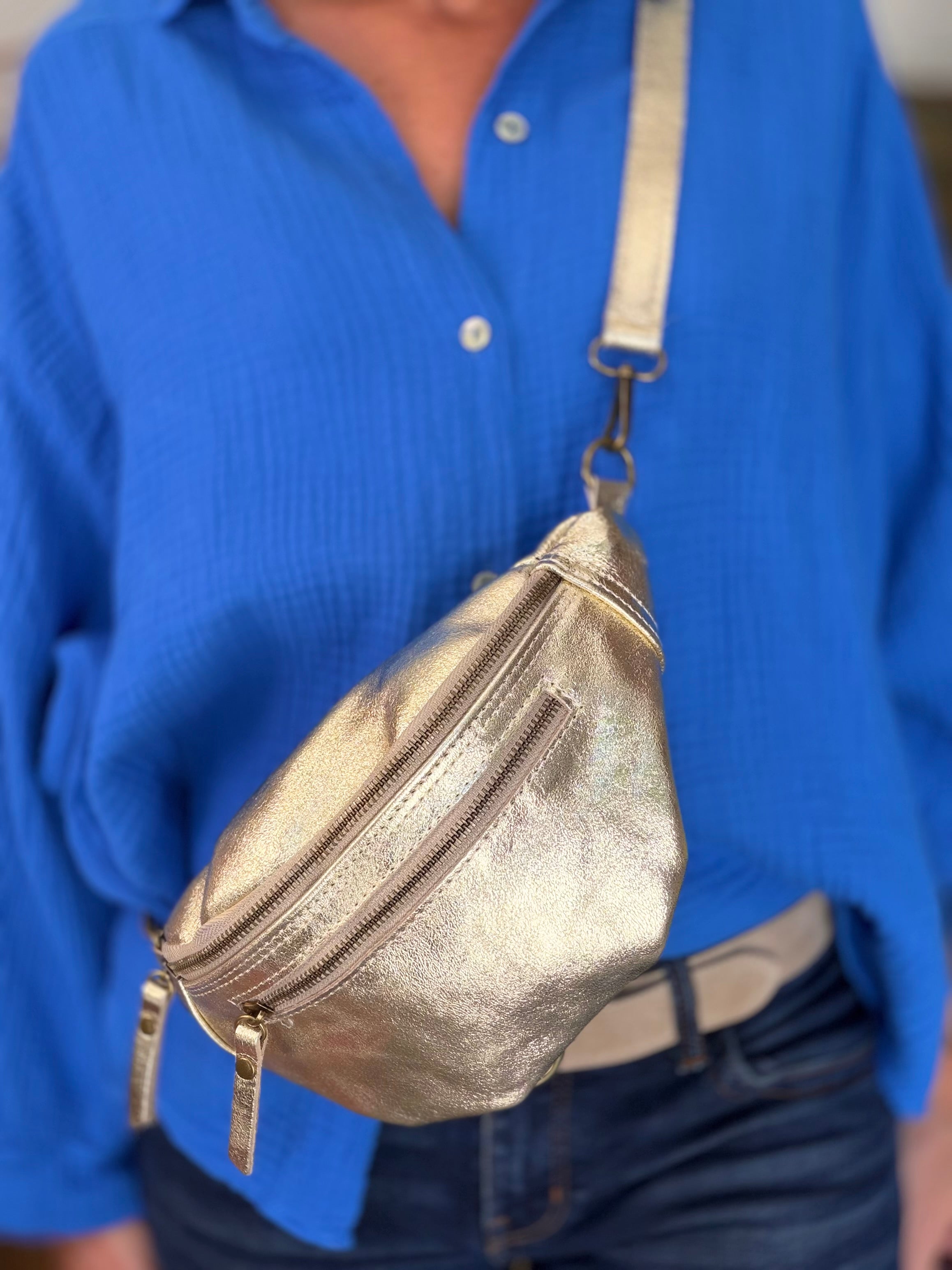 Sac banane en cuir irisé double poche - OPALE - Doré / Étain
