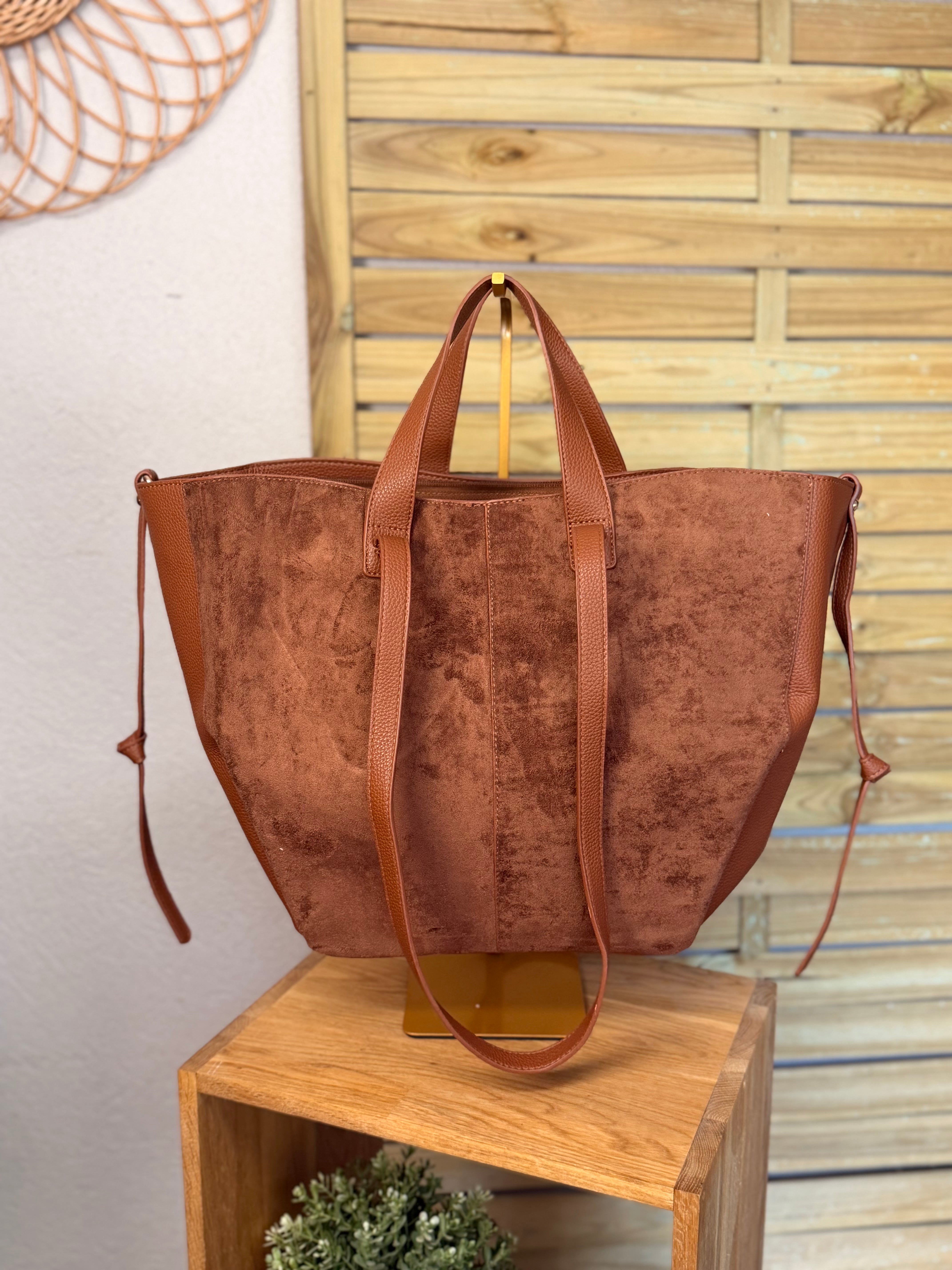 Grand Sac cabas 2 en 1 en simili daim - LAURÈNE Camel