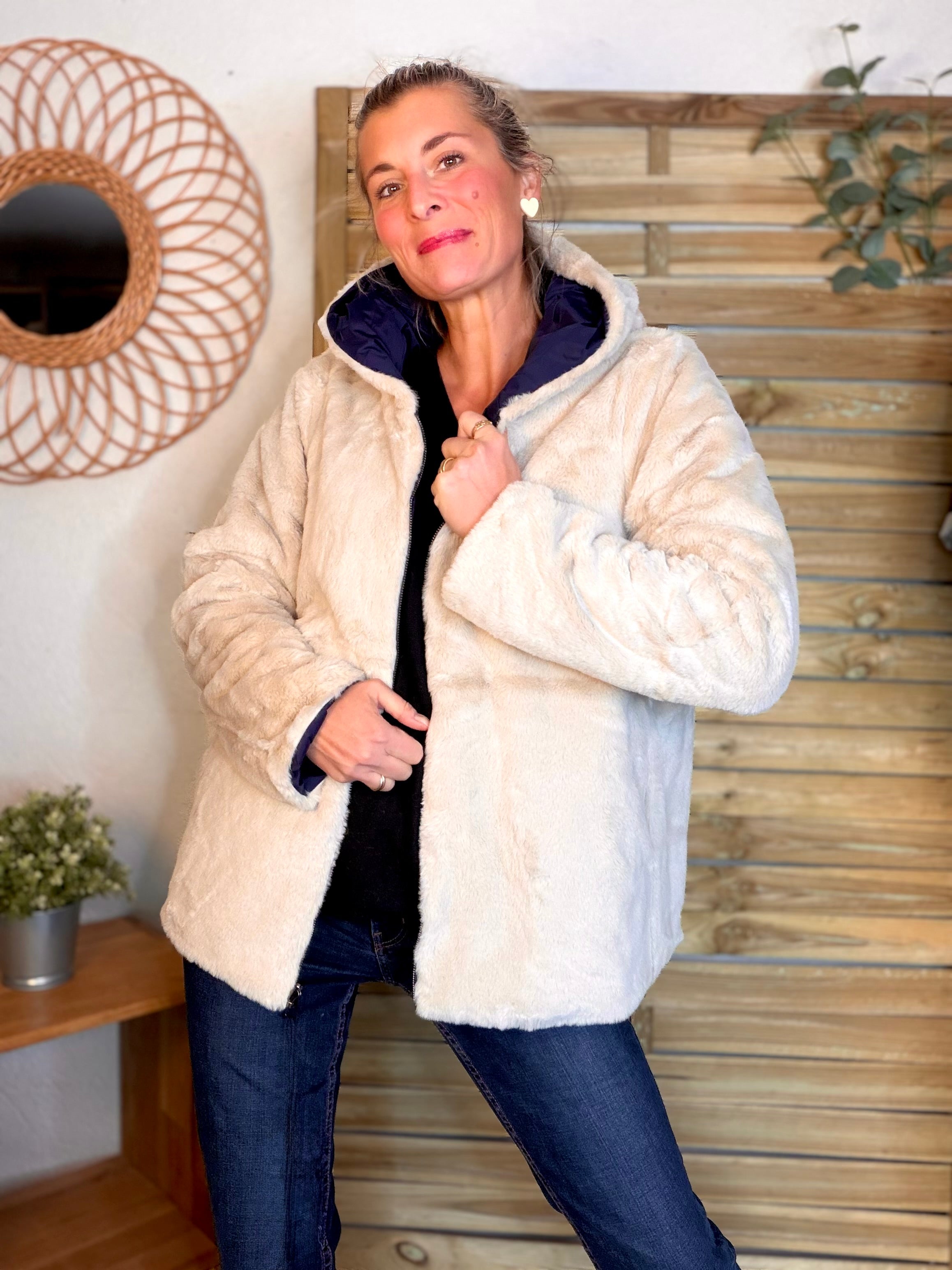 Parka Imperméable réversible fourrée Marine / Beige ALIX Court - LAURA JO