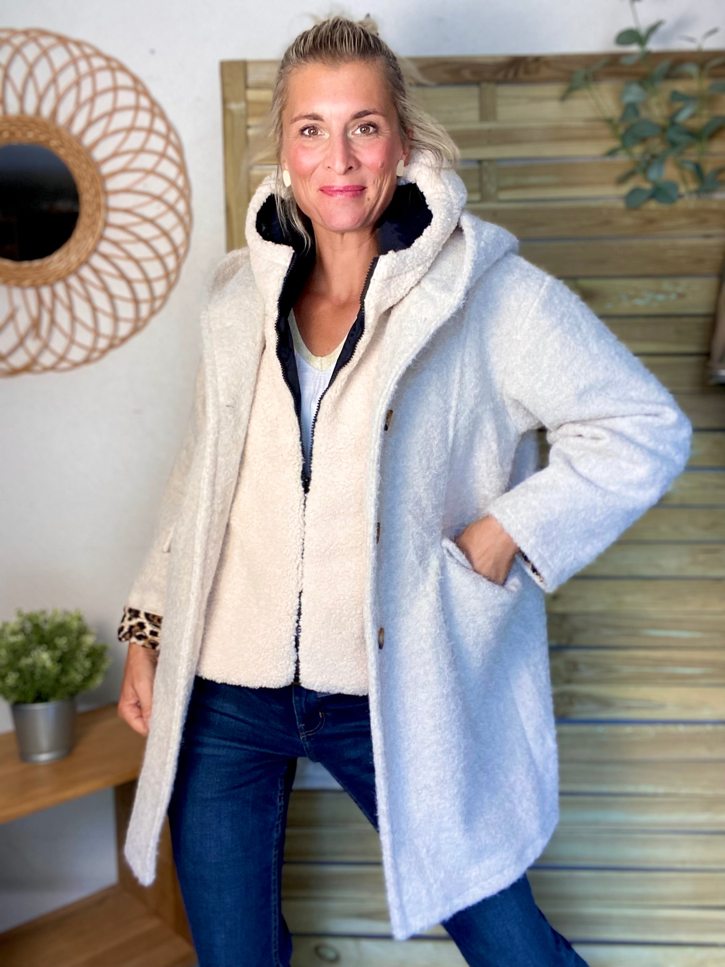 Col capuche amovible réversible TONY - LAURA JO - Noir / Sherpa écru