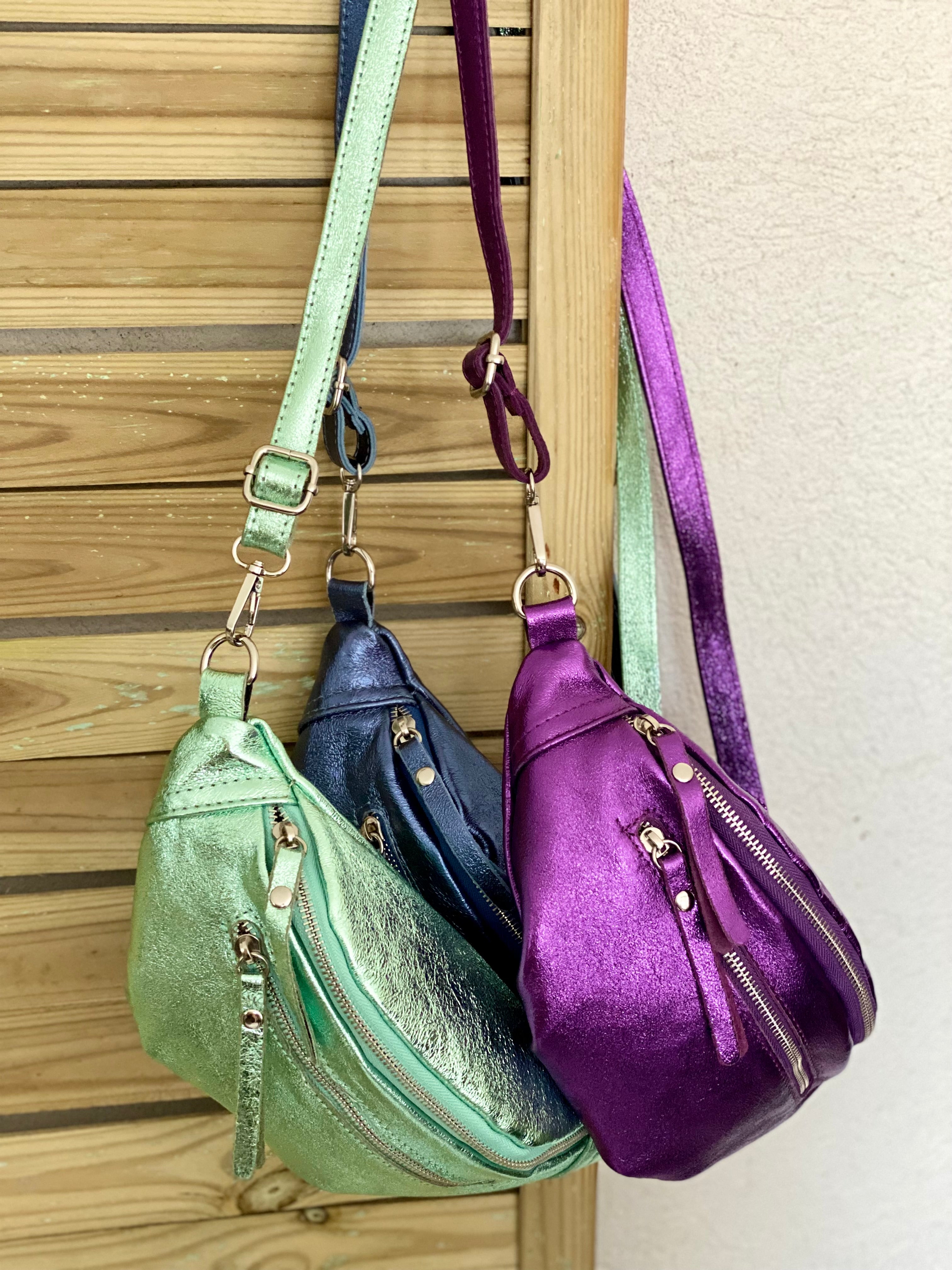 Sac banane en cuir irisé double poche - OPALE  - Vert d’eau