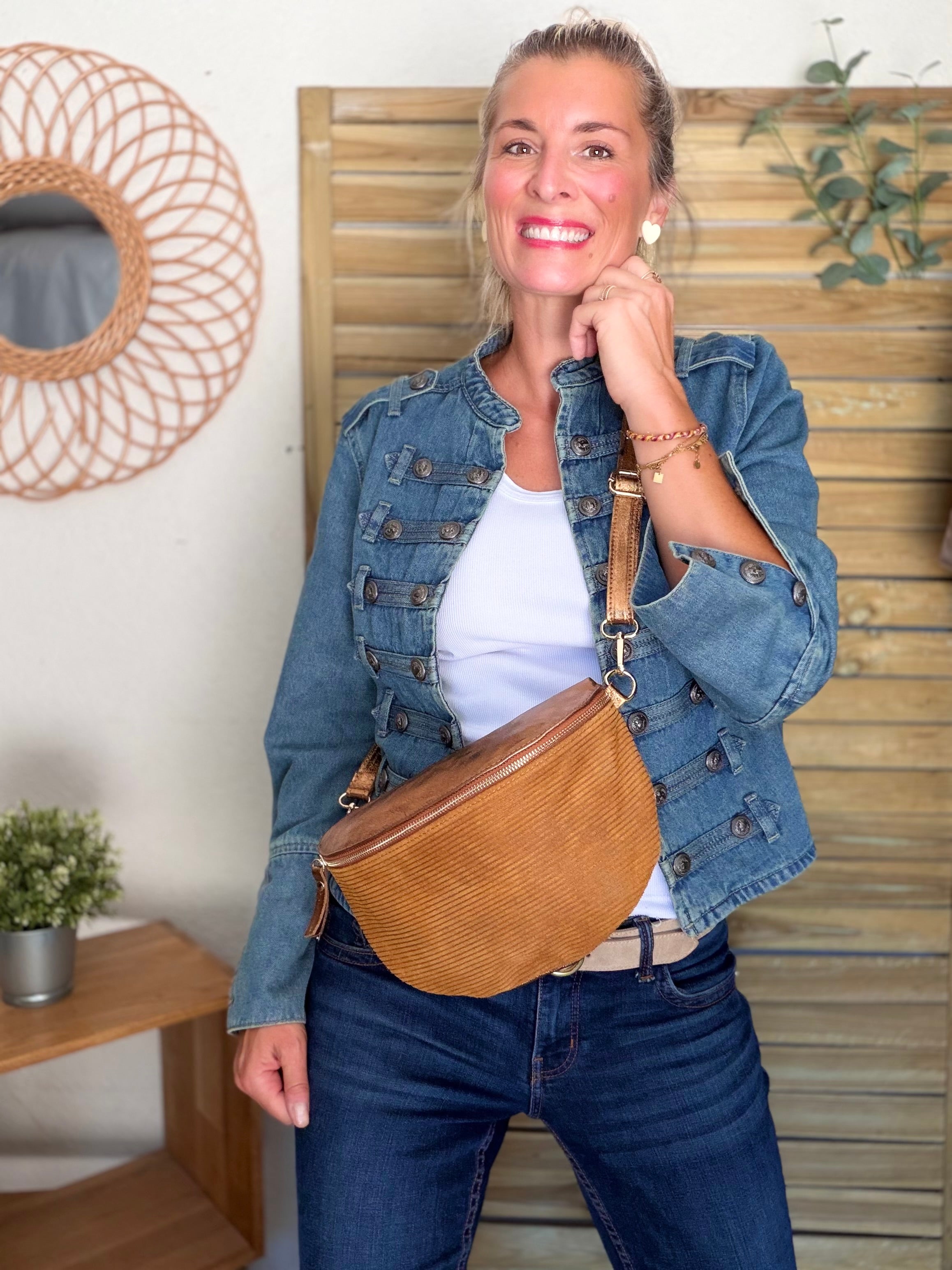 Sac banane XL 30cm en cuir irisé et velours - JANIS - Camel bi-matière