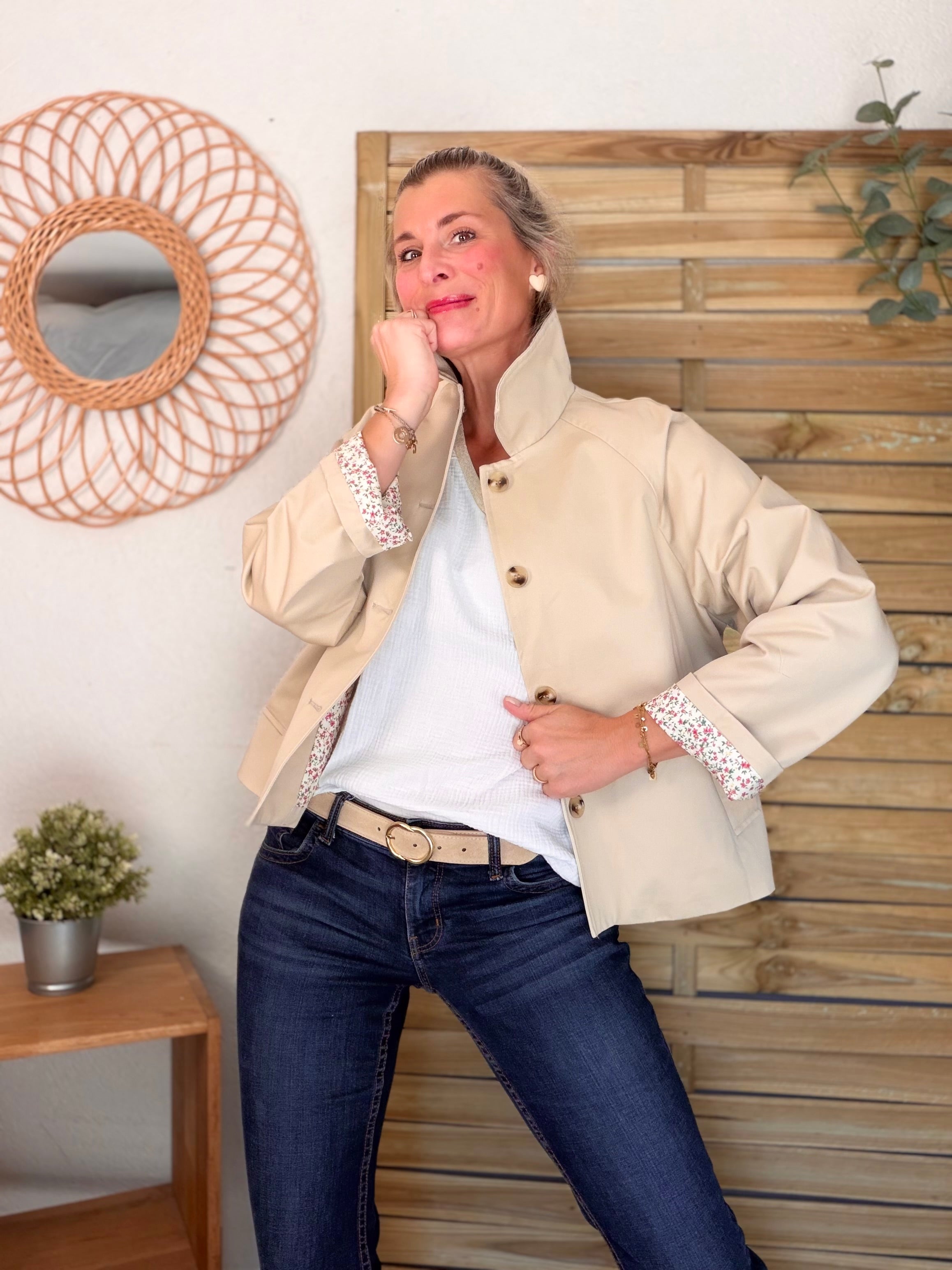 Veste Trench en coton avec Liberty - JOHAN Beige