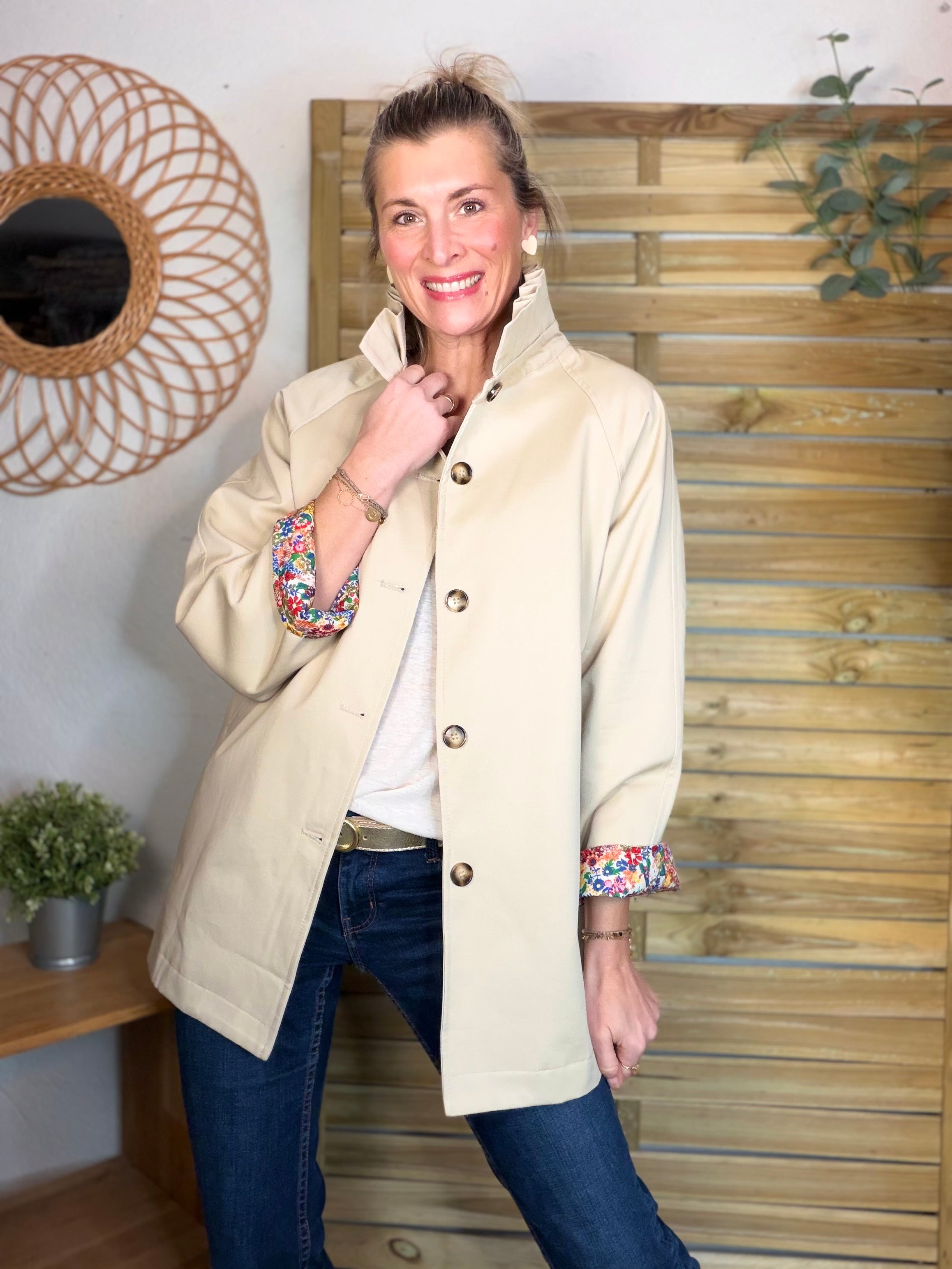 Veste Trench mi-long col victorien avec Liberty - ANDY Beige