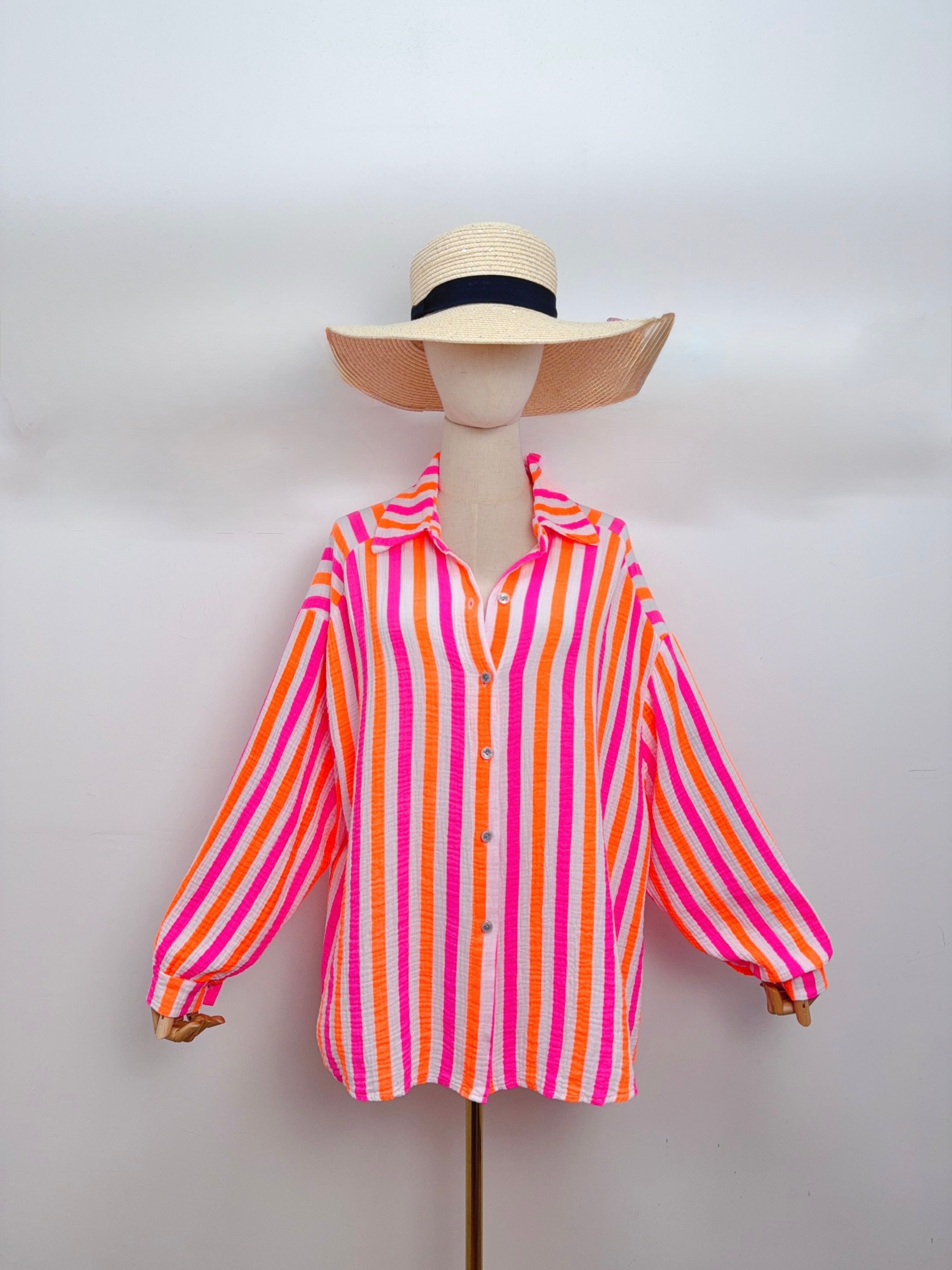 Chemise en gaze de coton rayée FÉLICIE Fluo Blanc