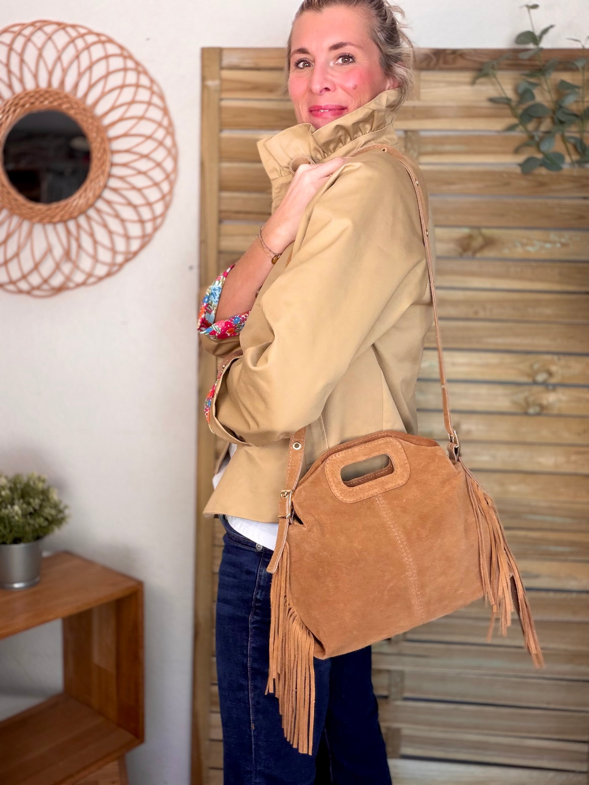 Sac en cuir daim avec franges LOGAN - Camel