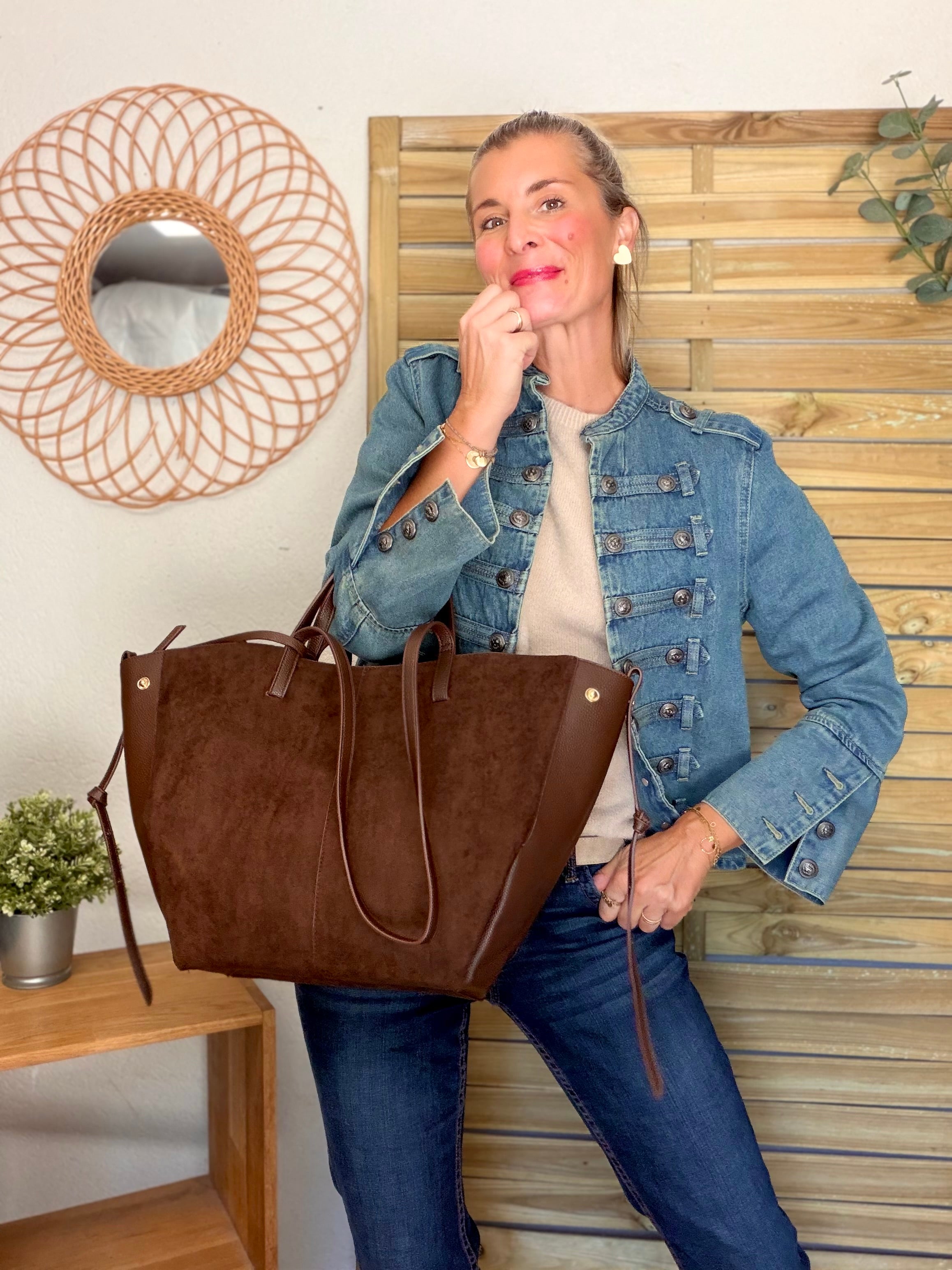 Grand Sac cabas 2 en 1 en simili daim - PAULE Chocolat