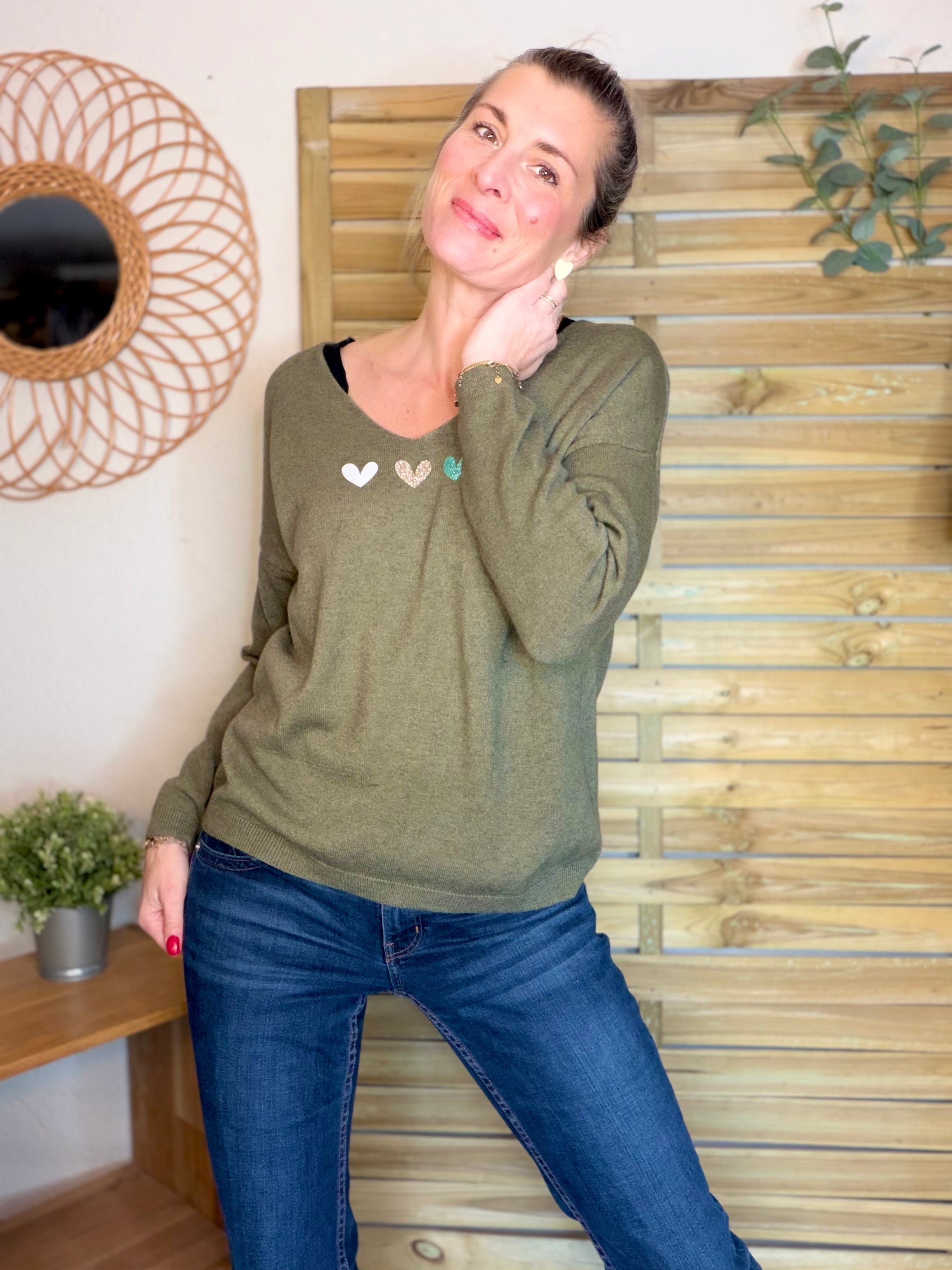 Pull fin 3 cœurs 💛 BERTILLE - Kaki
