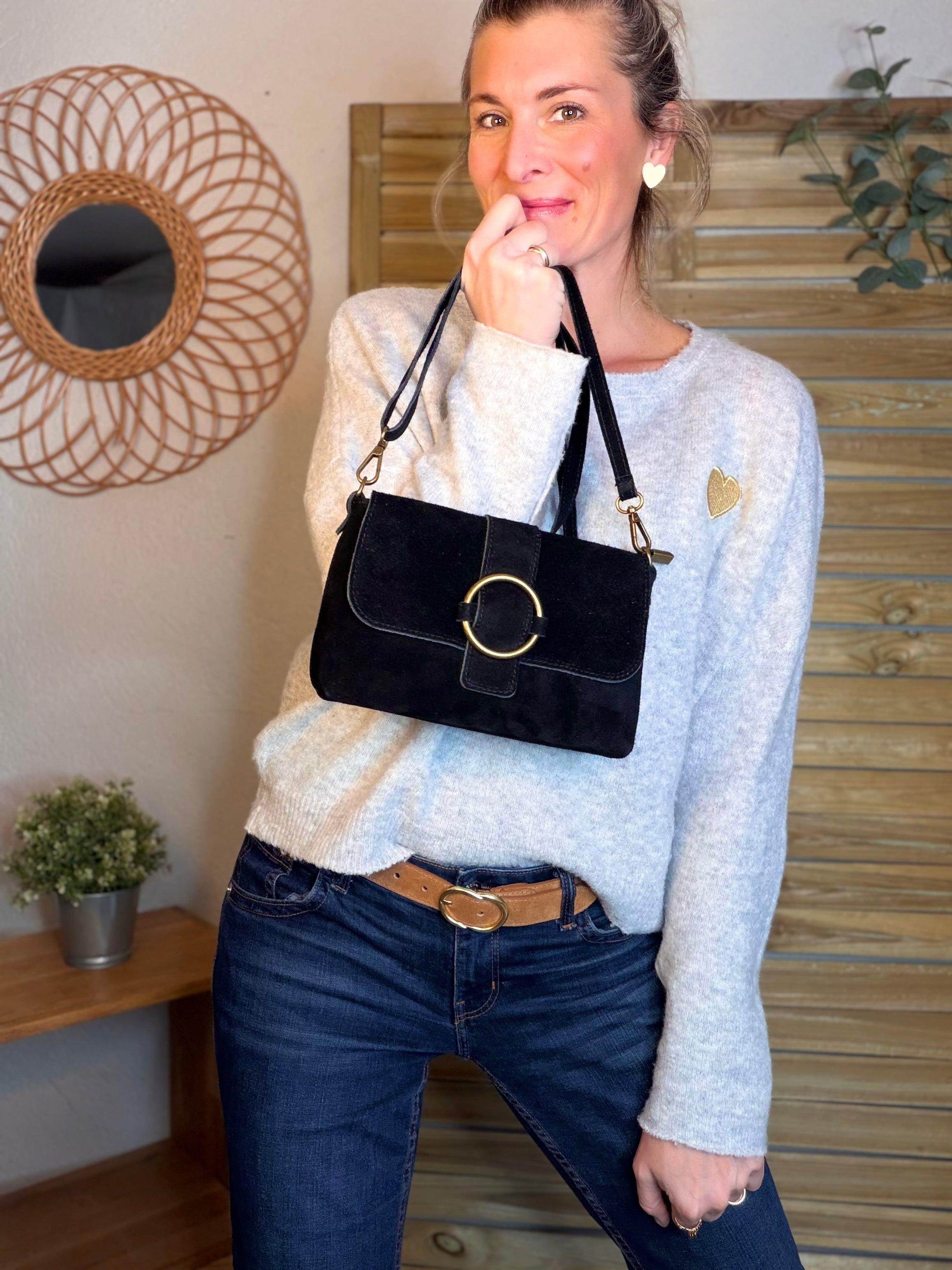 Sac bandoulière en croute de cuir BLAKE - Noir