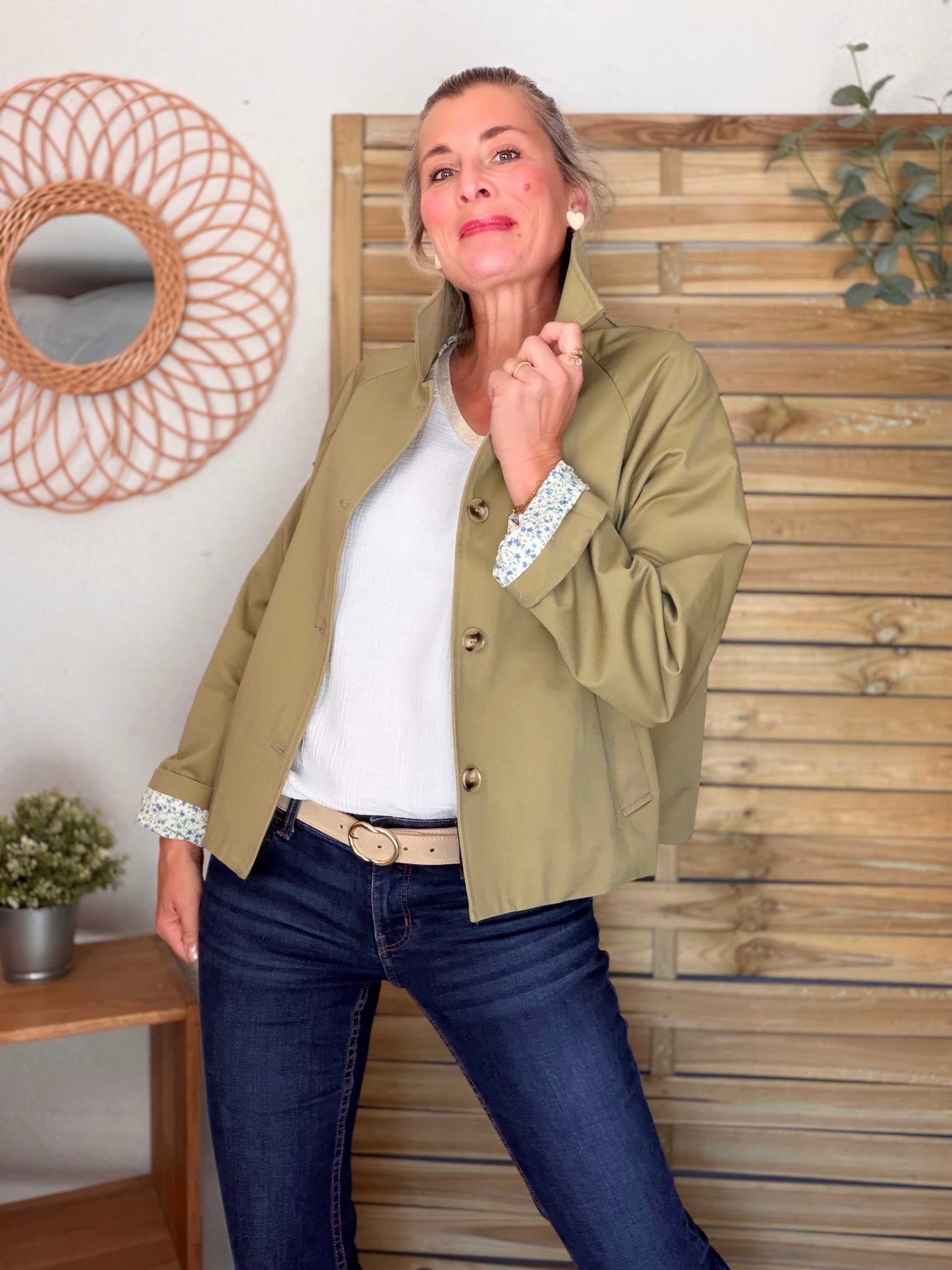 Veste Trench en coton avec Liberty - JOHAN Kaki clair