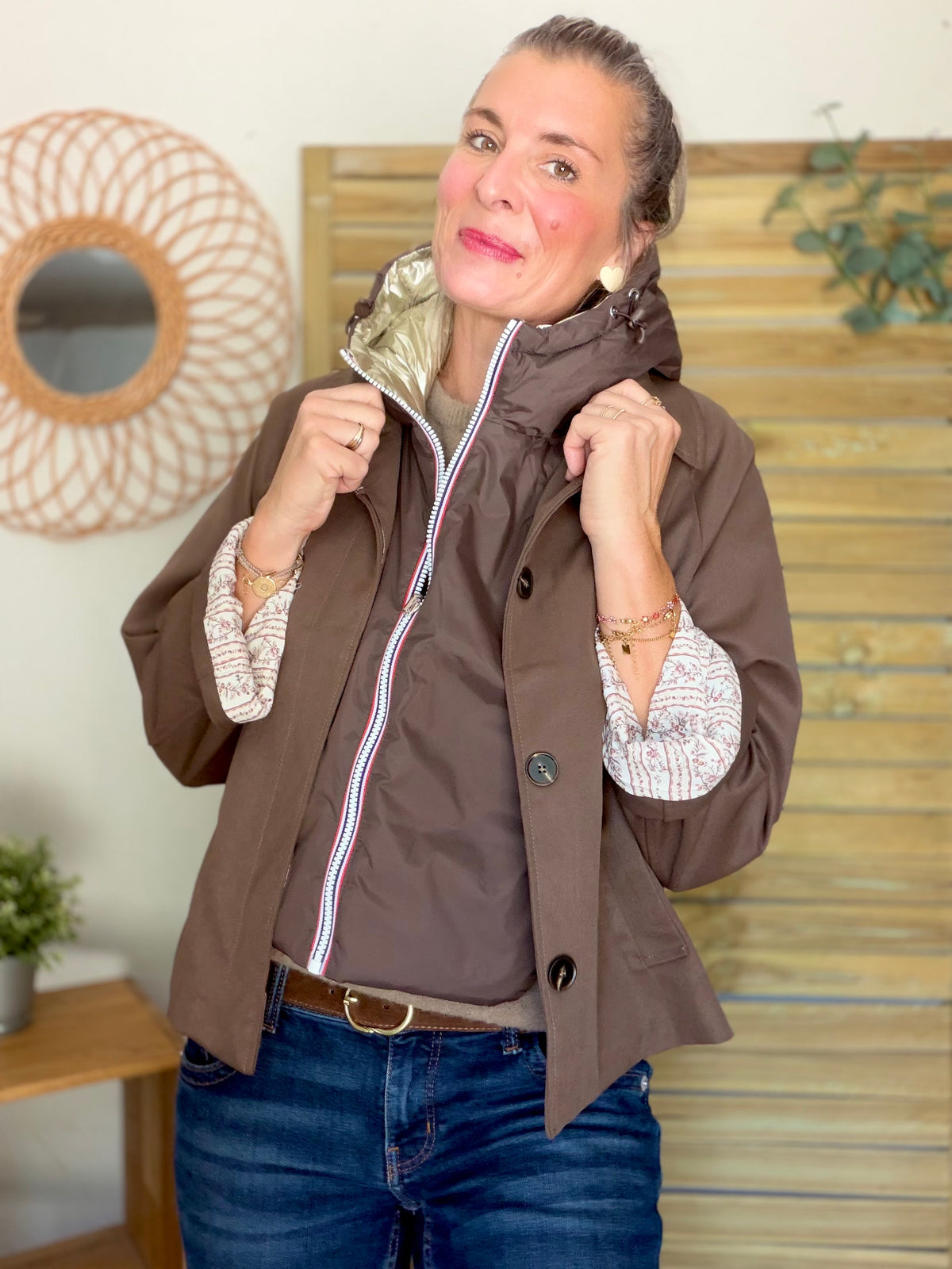 LAURA JO - Col capuche amovible réversible  DANY - Choco / Doré