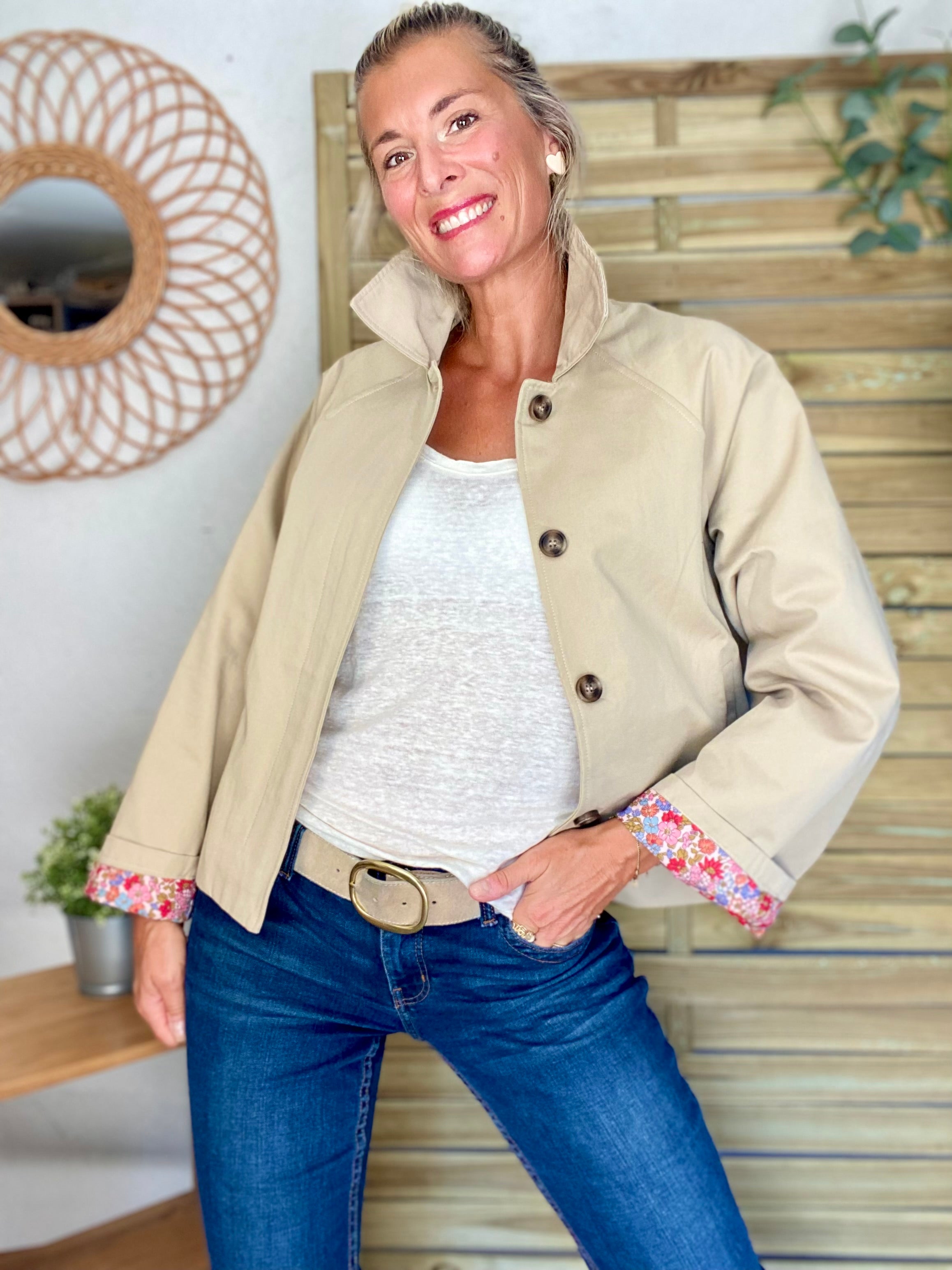 Veste Trench en coton beige avec Liberty - MAHAUT
