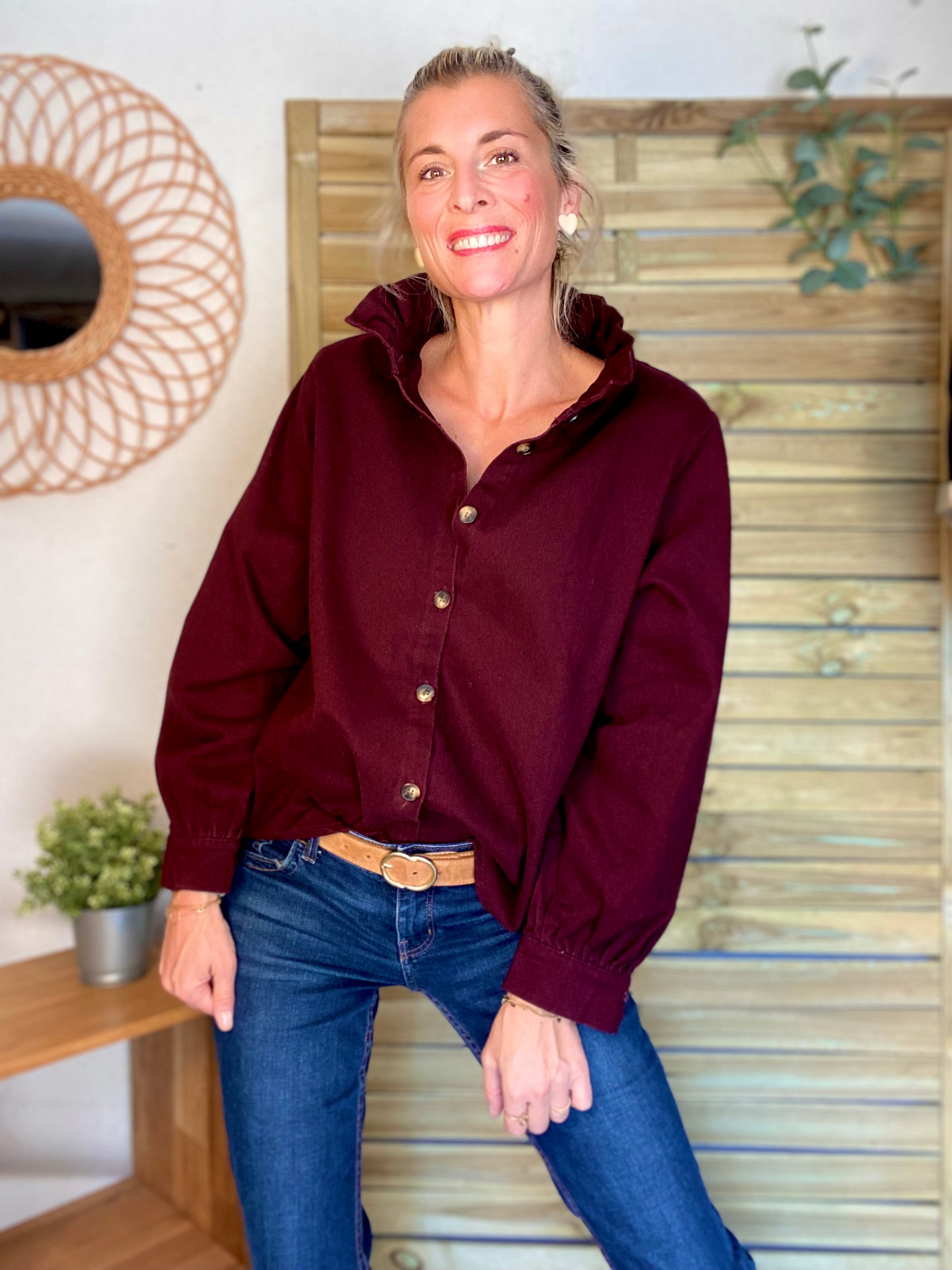 Veste / Chemise en coton, col victorien volanté LISA - Prune