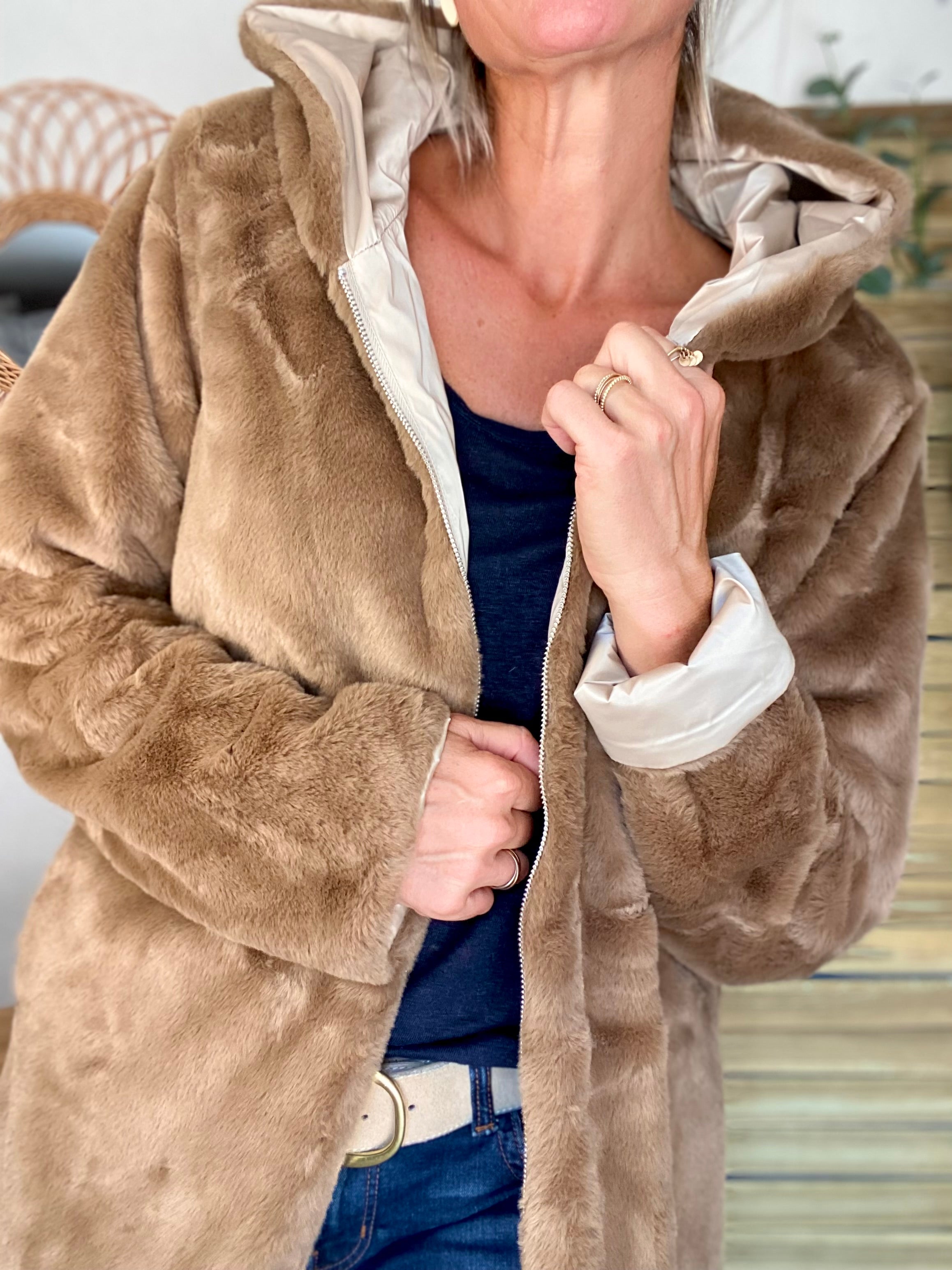 Parka Imperméable réversible fourrée Sable irisé / Camel ALIX - LAURA JO