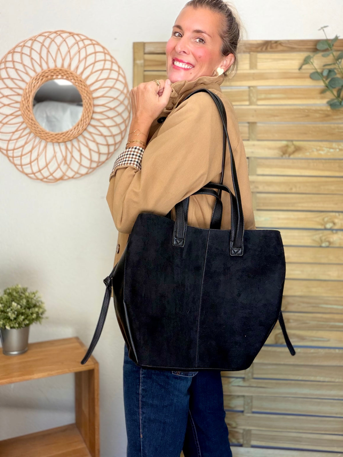 Grand Sac cabas 2 en 1 en simili daim - LAURÈNE Noir