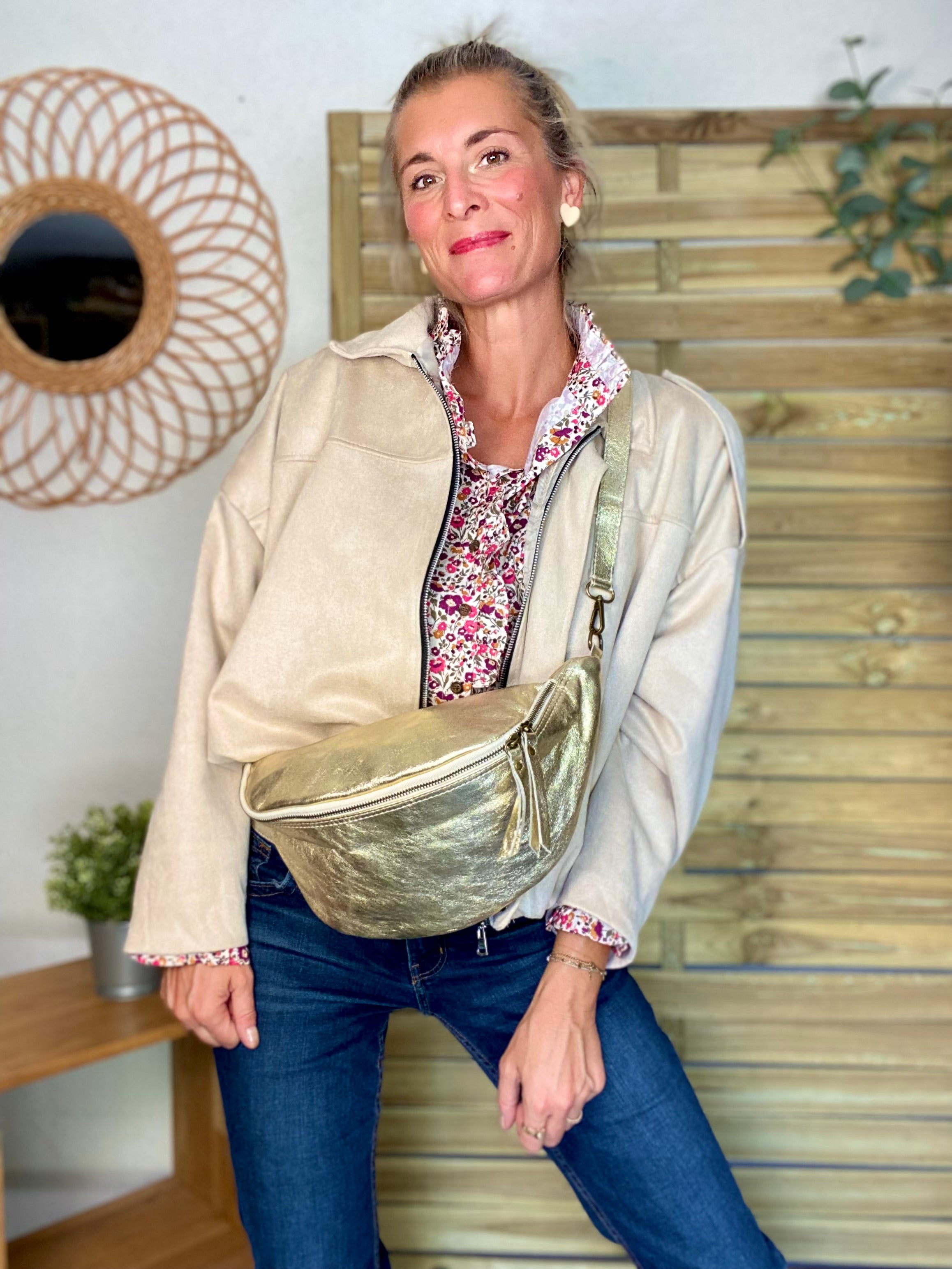 Sac banane XL en cuir - JANE - Doré