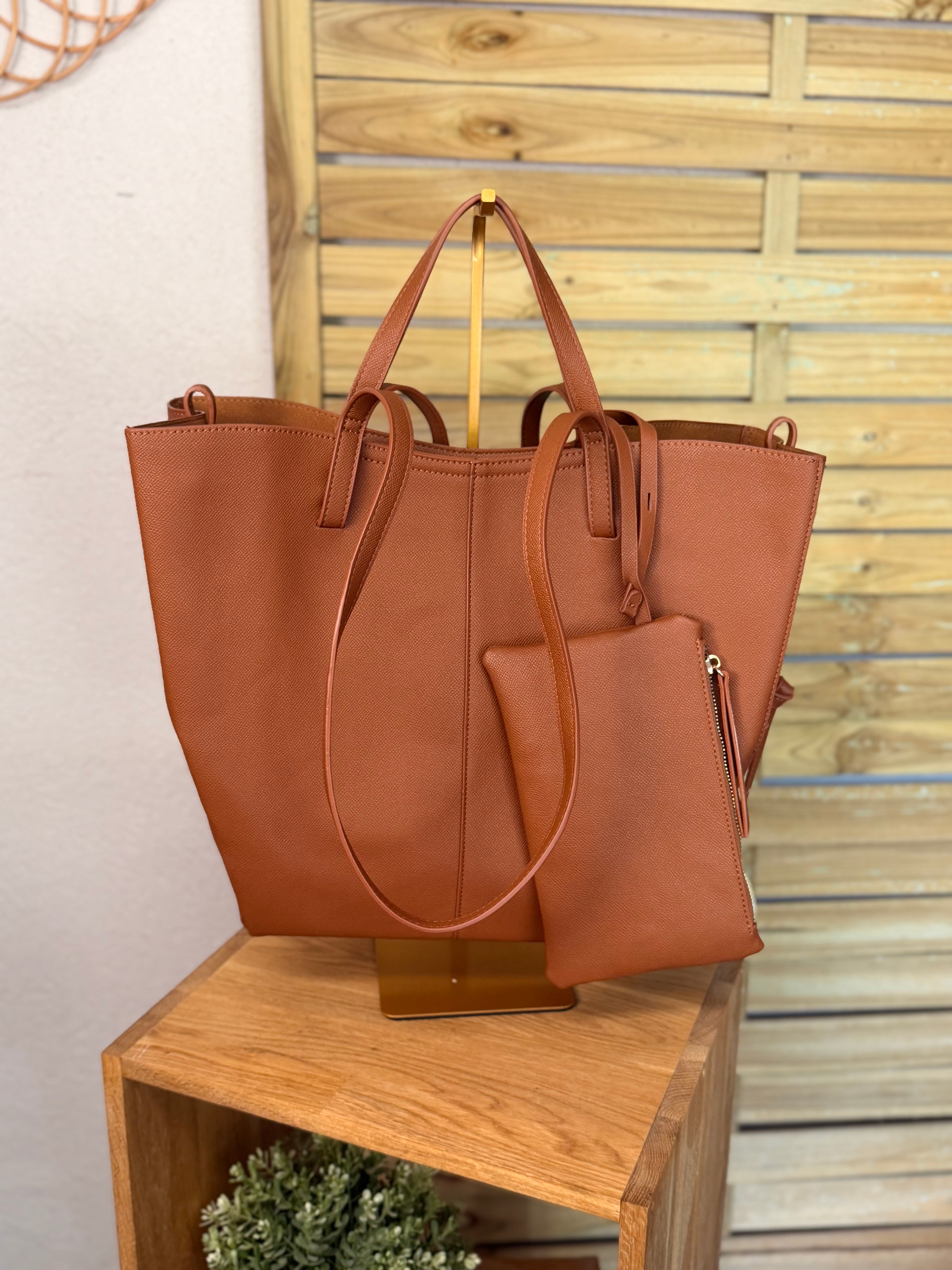 Grand Sac cabas 2 en 1 en simili cuir grainé - PAULE Camel