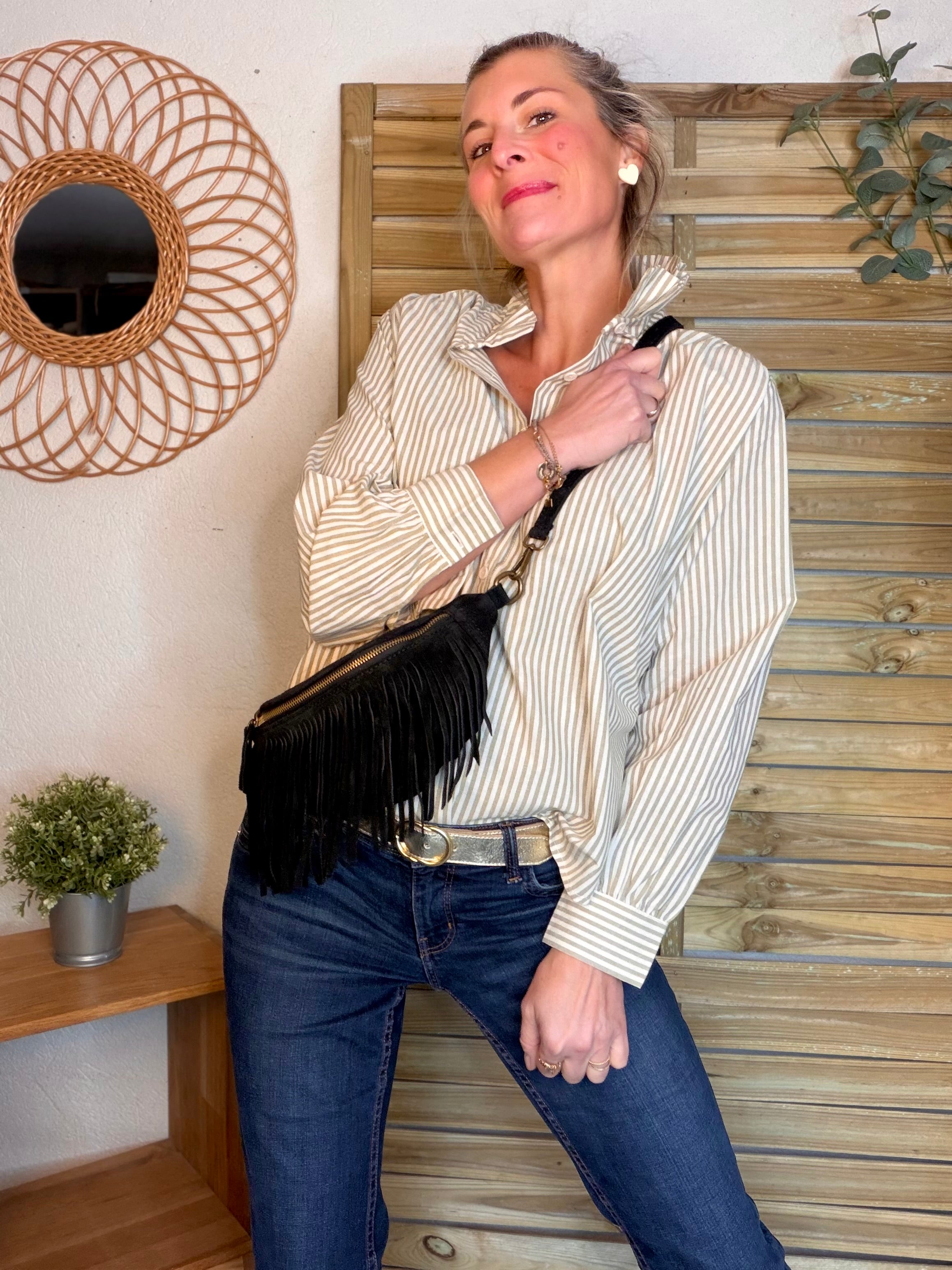 Sac banane avec franges en cuir daim - PIETRA - Noir