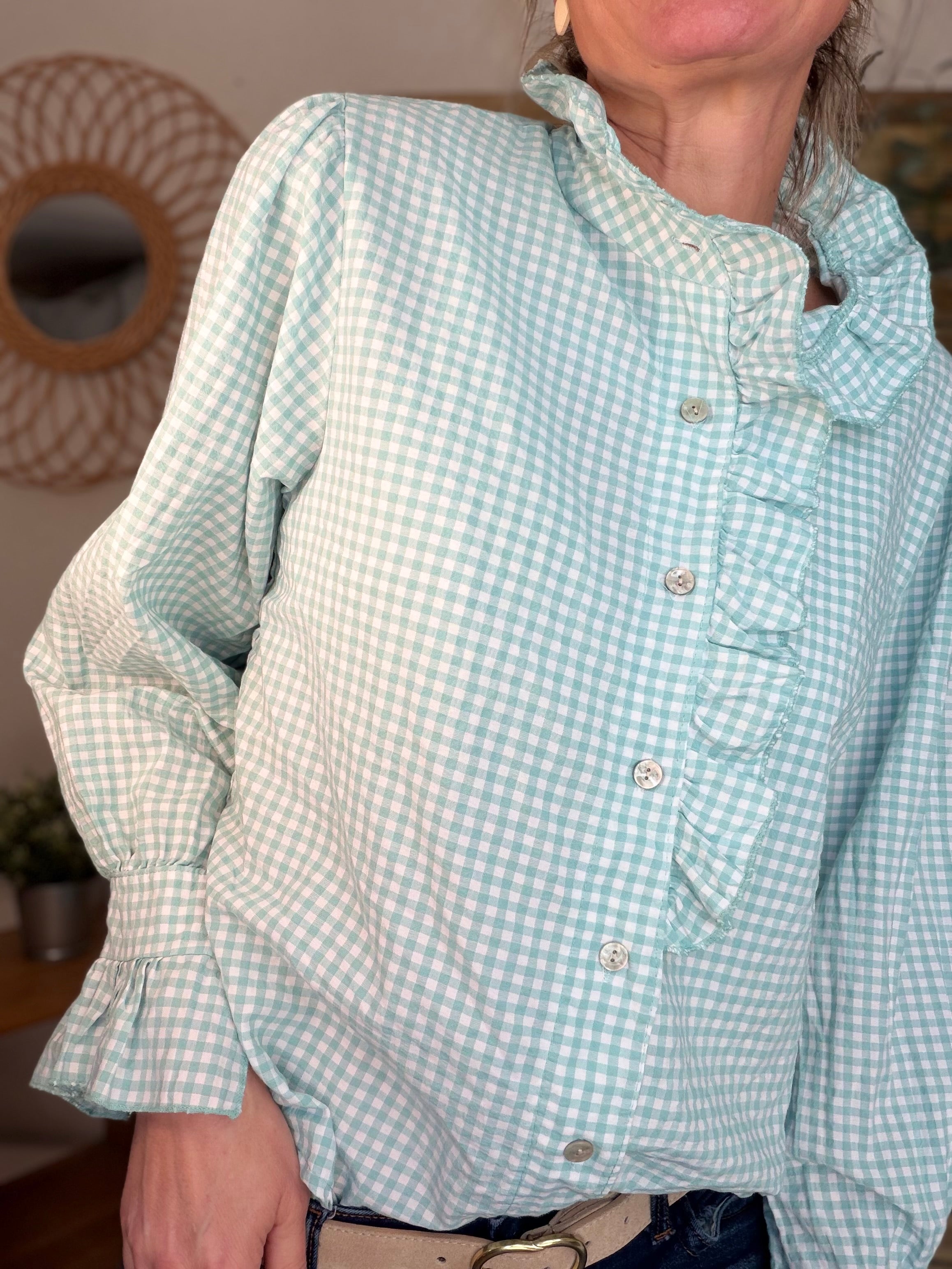 Chemise imprimée Vichy col volanté IRÈNE - Vert d’eau