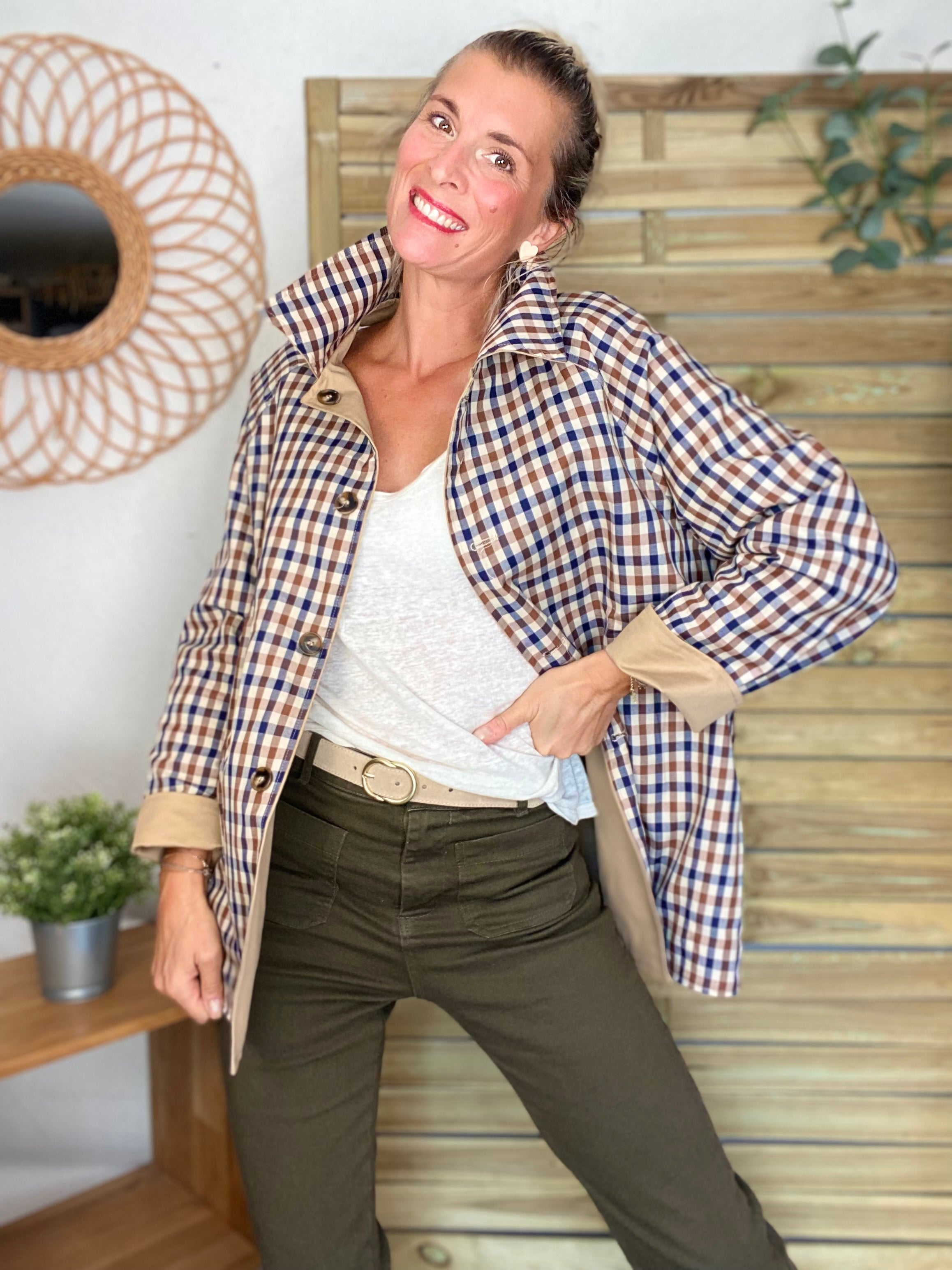 Veste Trench mi long réversible vichy LENA - Camel clair