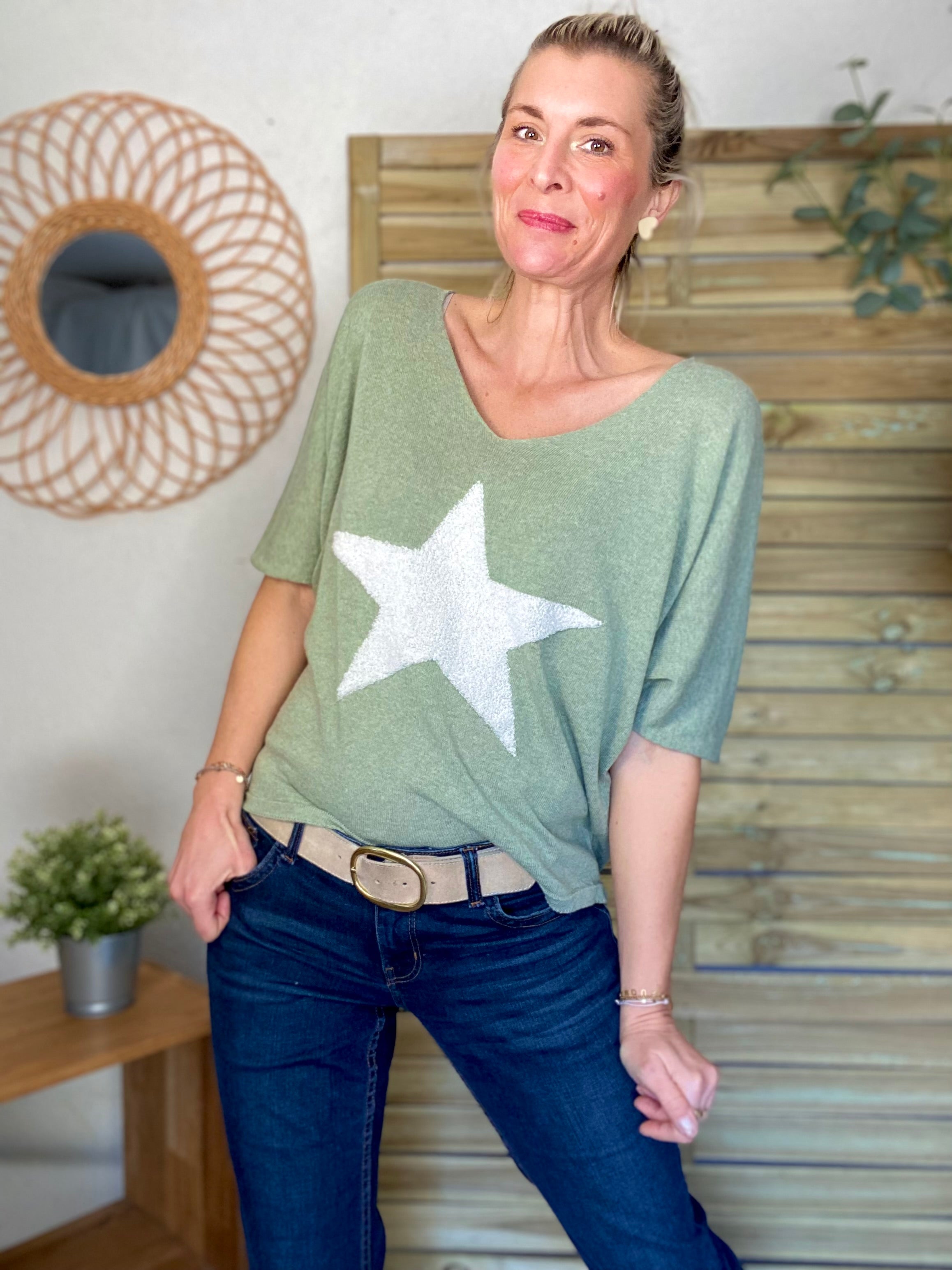 Pull fin Étoile ⭐️ col V PÉNÉLOPE - Vert sauge