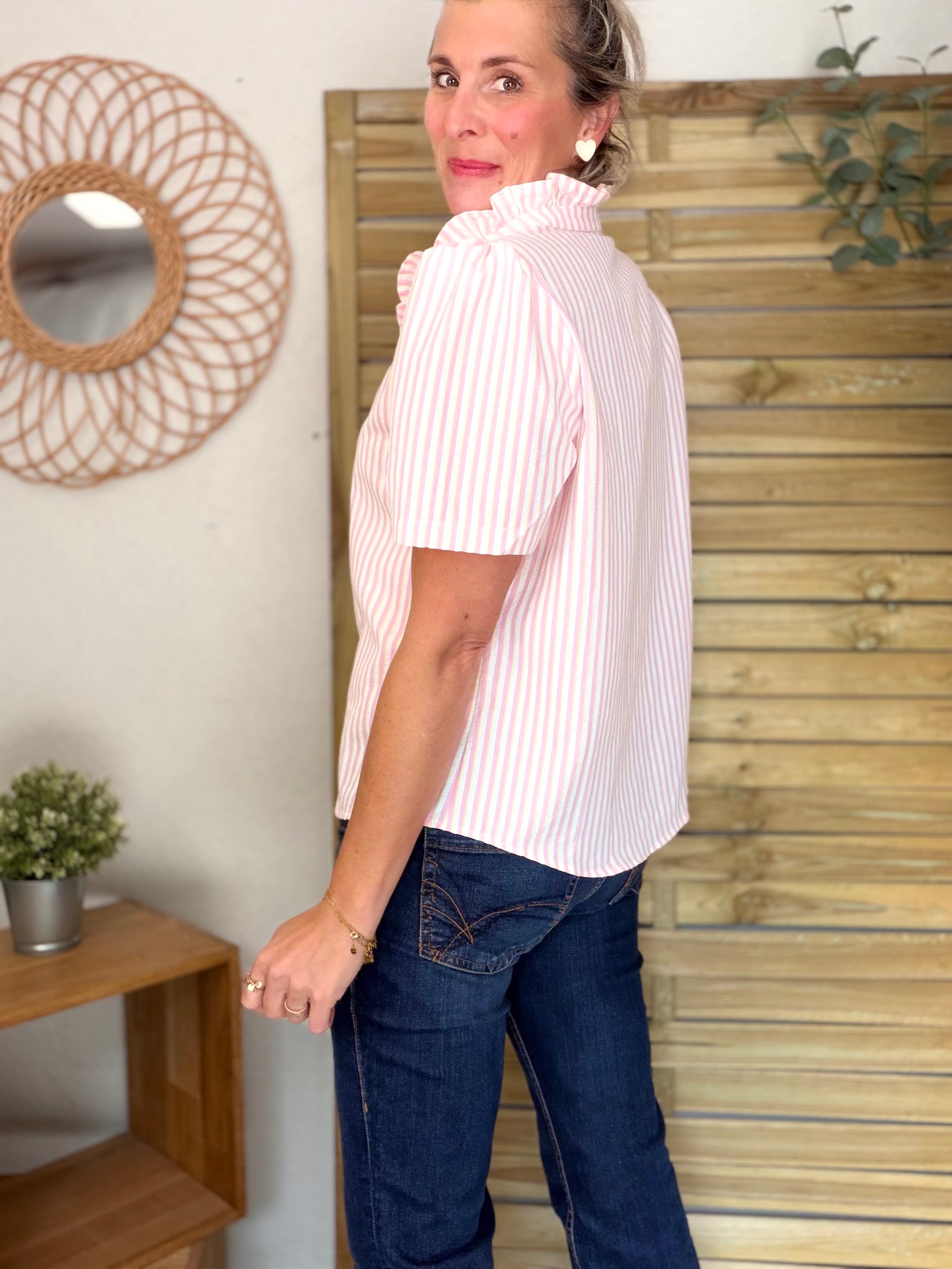 Blouse rayures roses manches courtes LIV