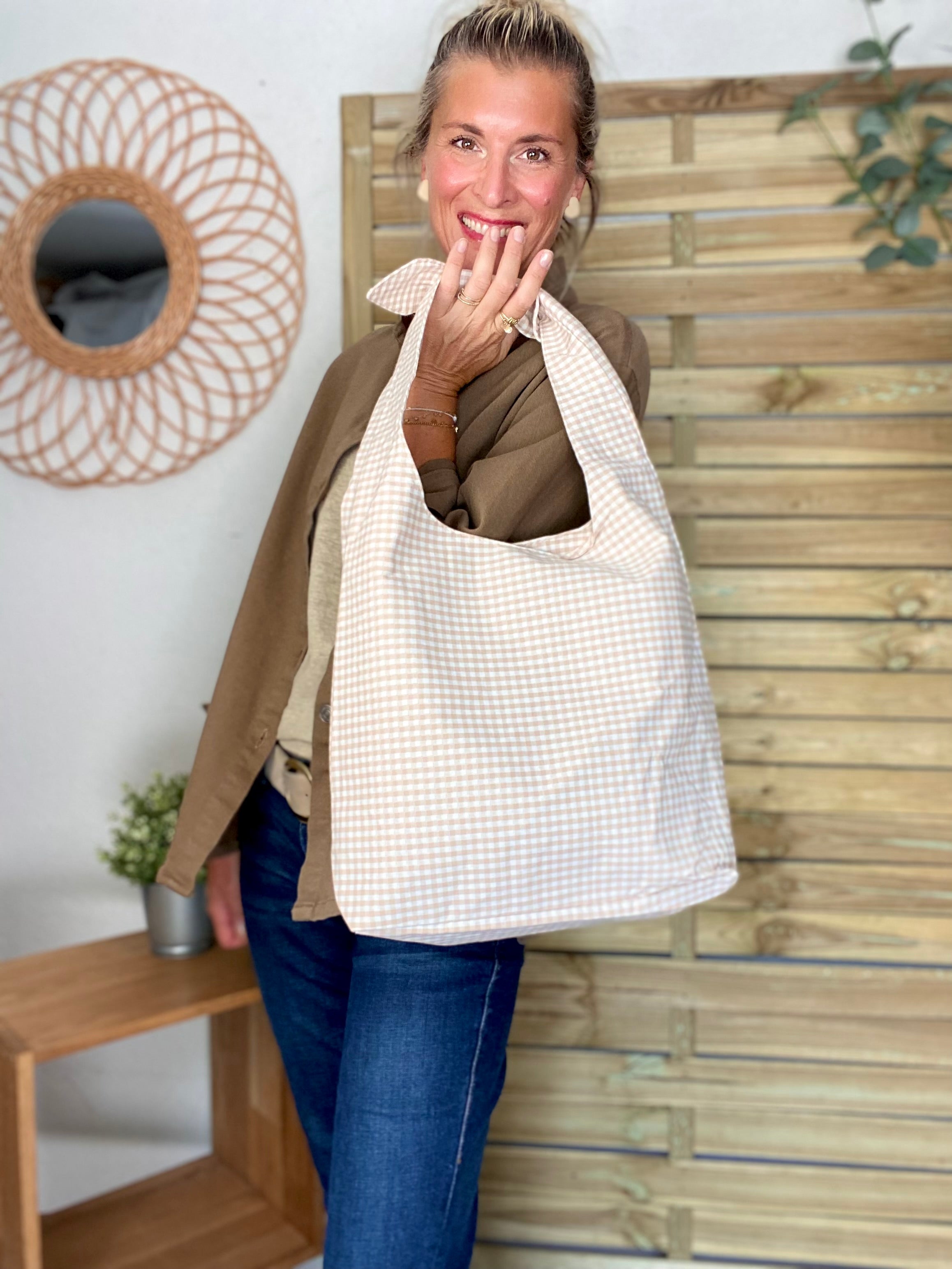 Sac cabas imprimé MEGAN - Vichy beige