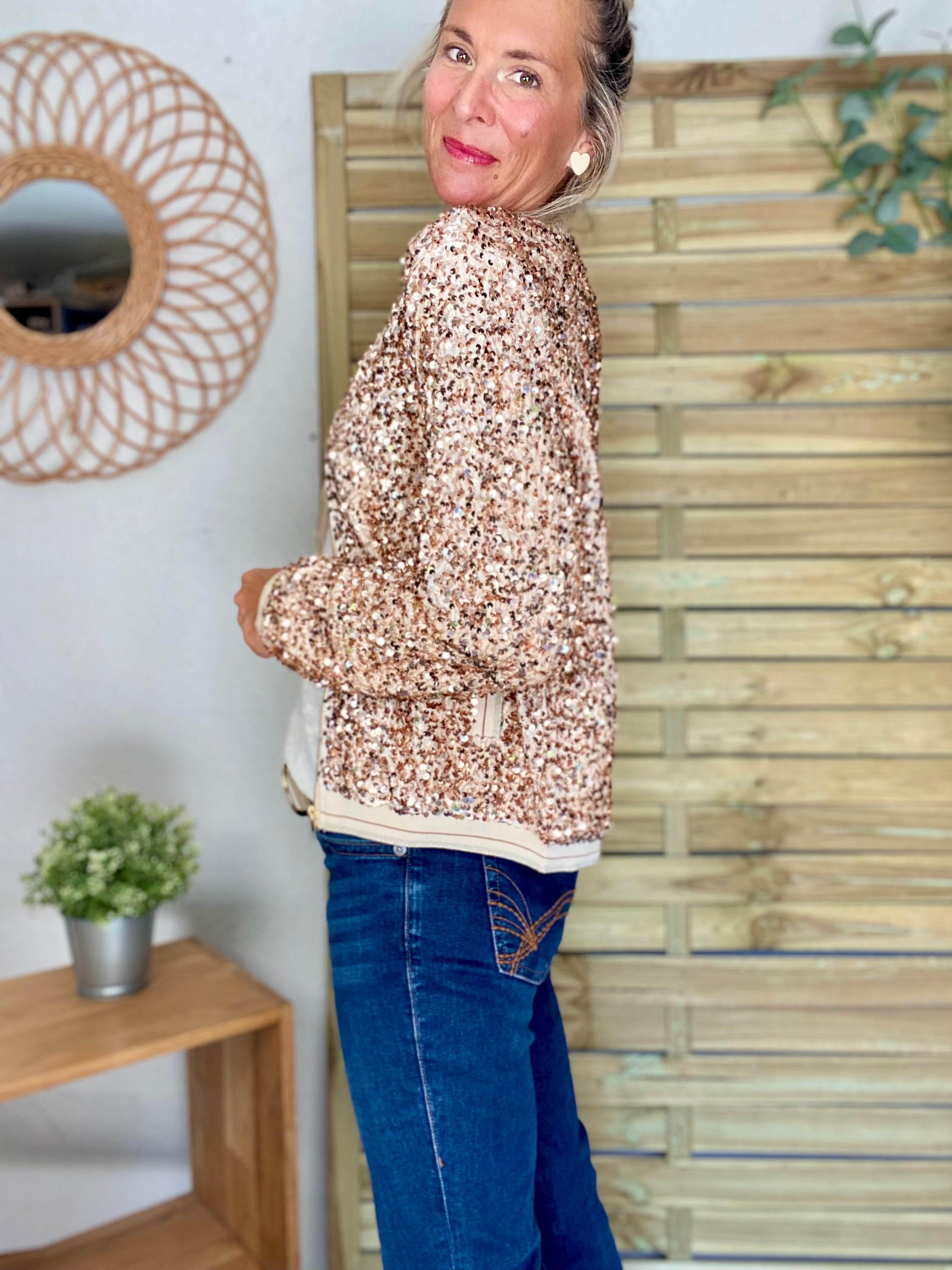 Veste bombers beige avec sequins Rose Gold KIM
