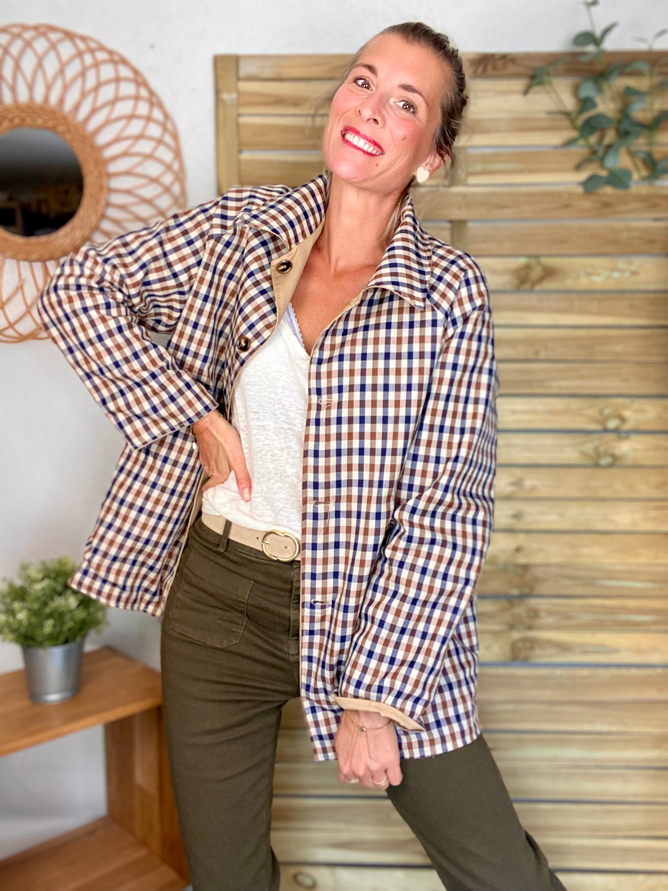 Veste Trench mi long réversible vichy LENA - Camel clair
