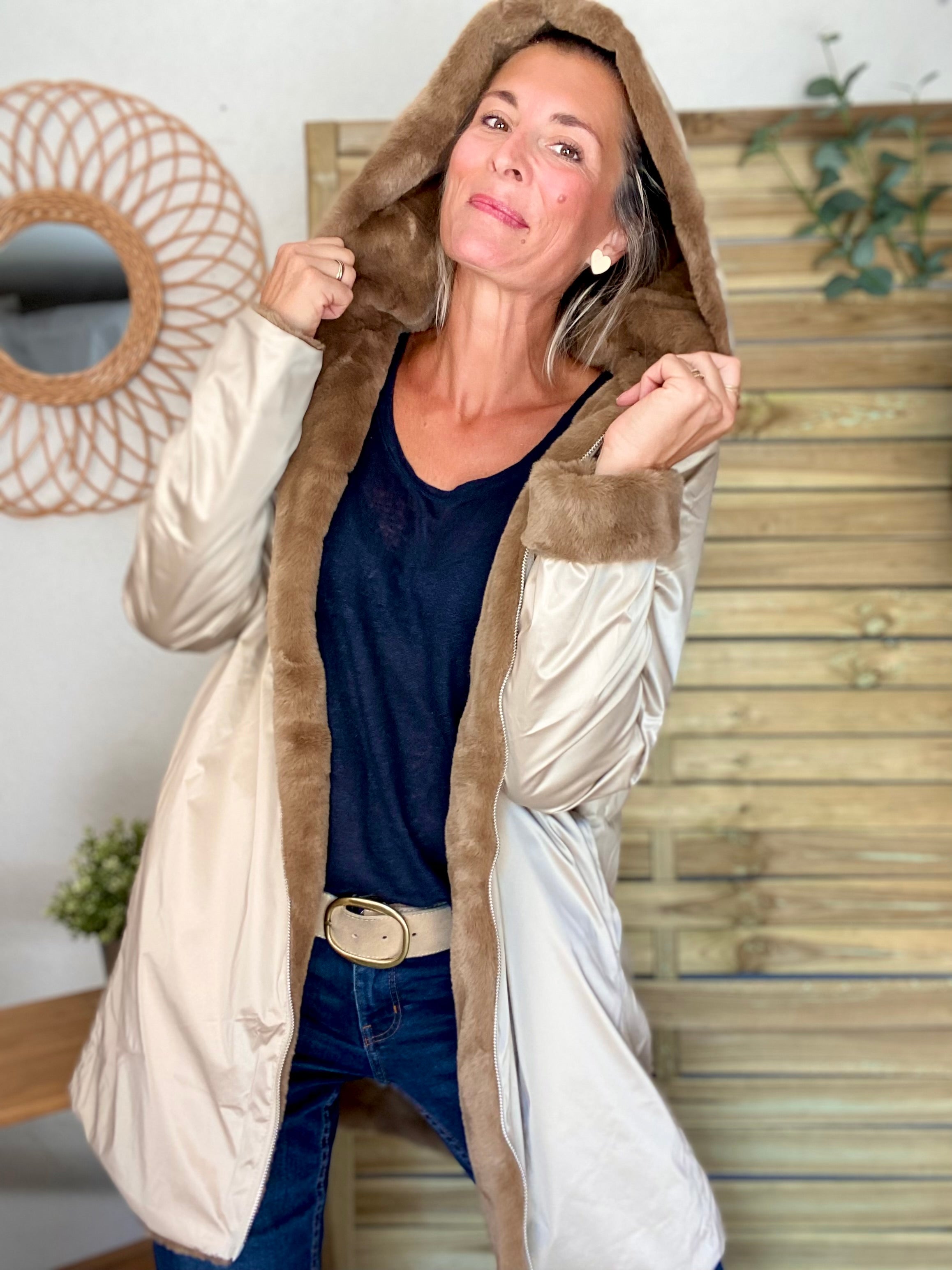 Parka Imperméable réversible fourrée Sable irisé / Camel ALIX - LAURA JO