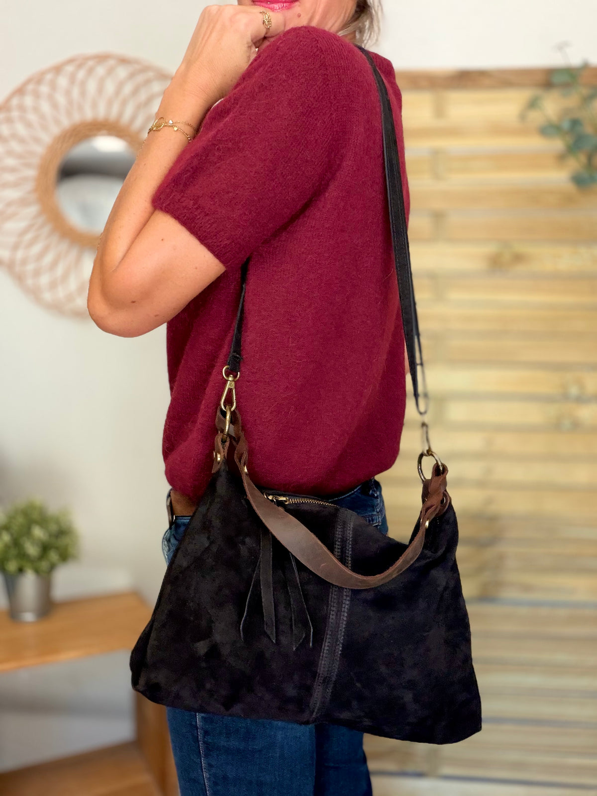 Sac hobo en cuir daim souple, double bandoulière ANDREW Noir