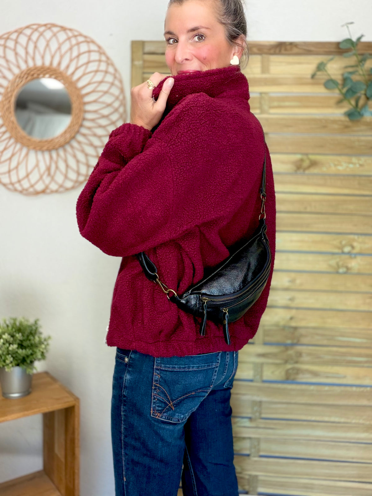 Sac banane en cuir irisé double poche - OPALE - Noir / Laiton
