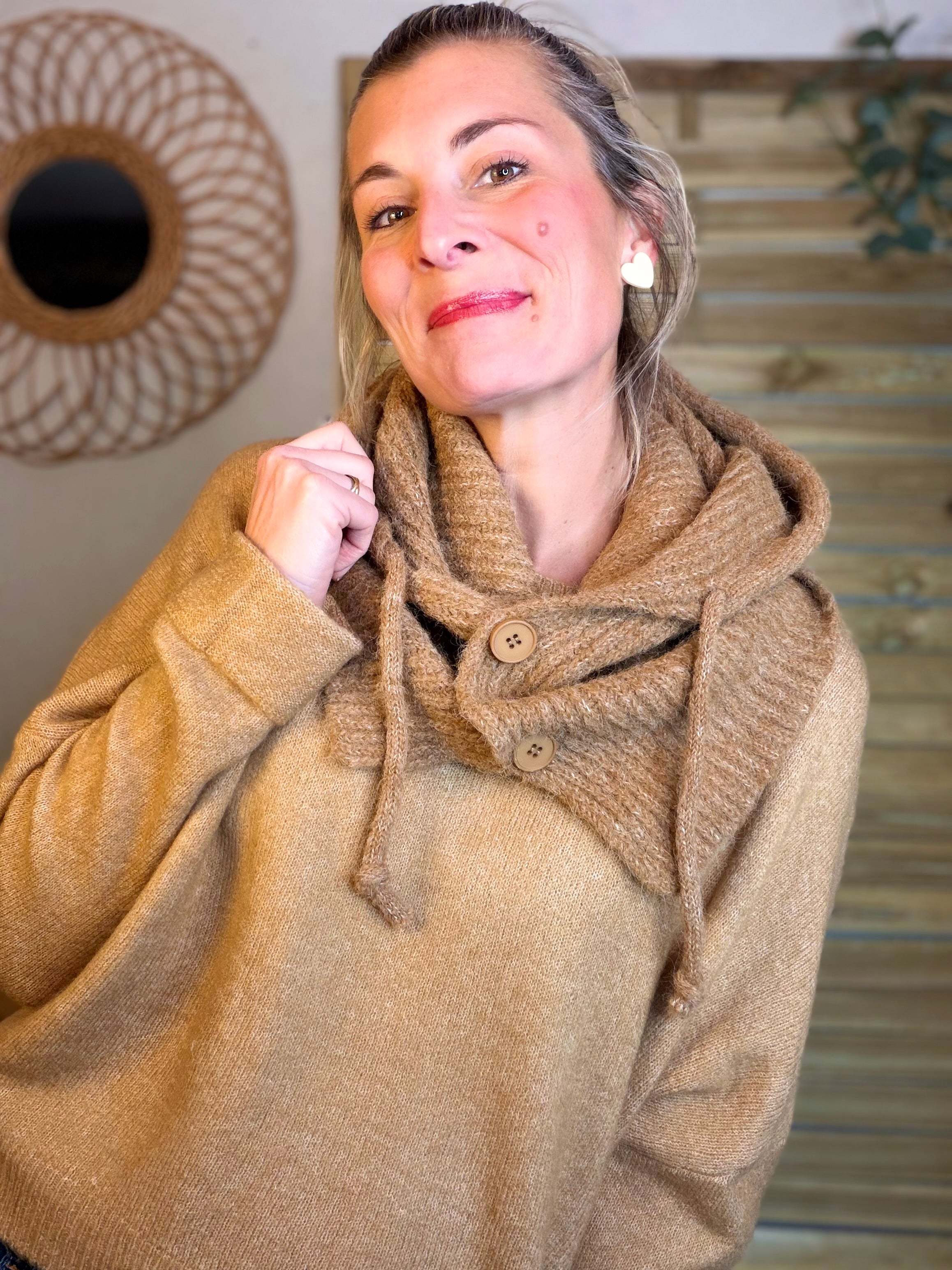 Col cagoule LORIE en maille avec bouton - Camel