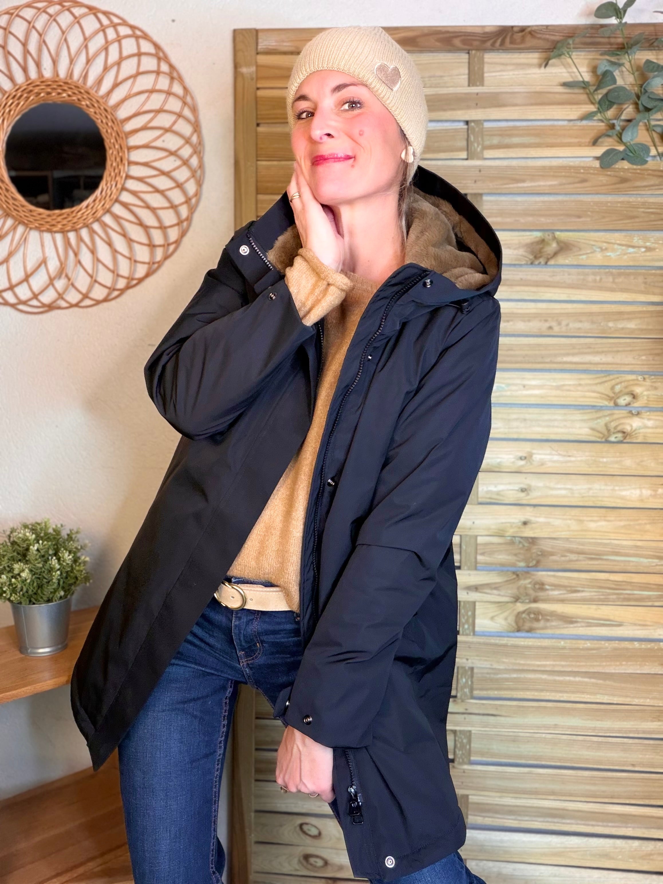 Parka fourrée imperméable AMBRE - Noir / Camel - LAURA JO
