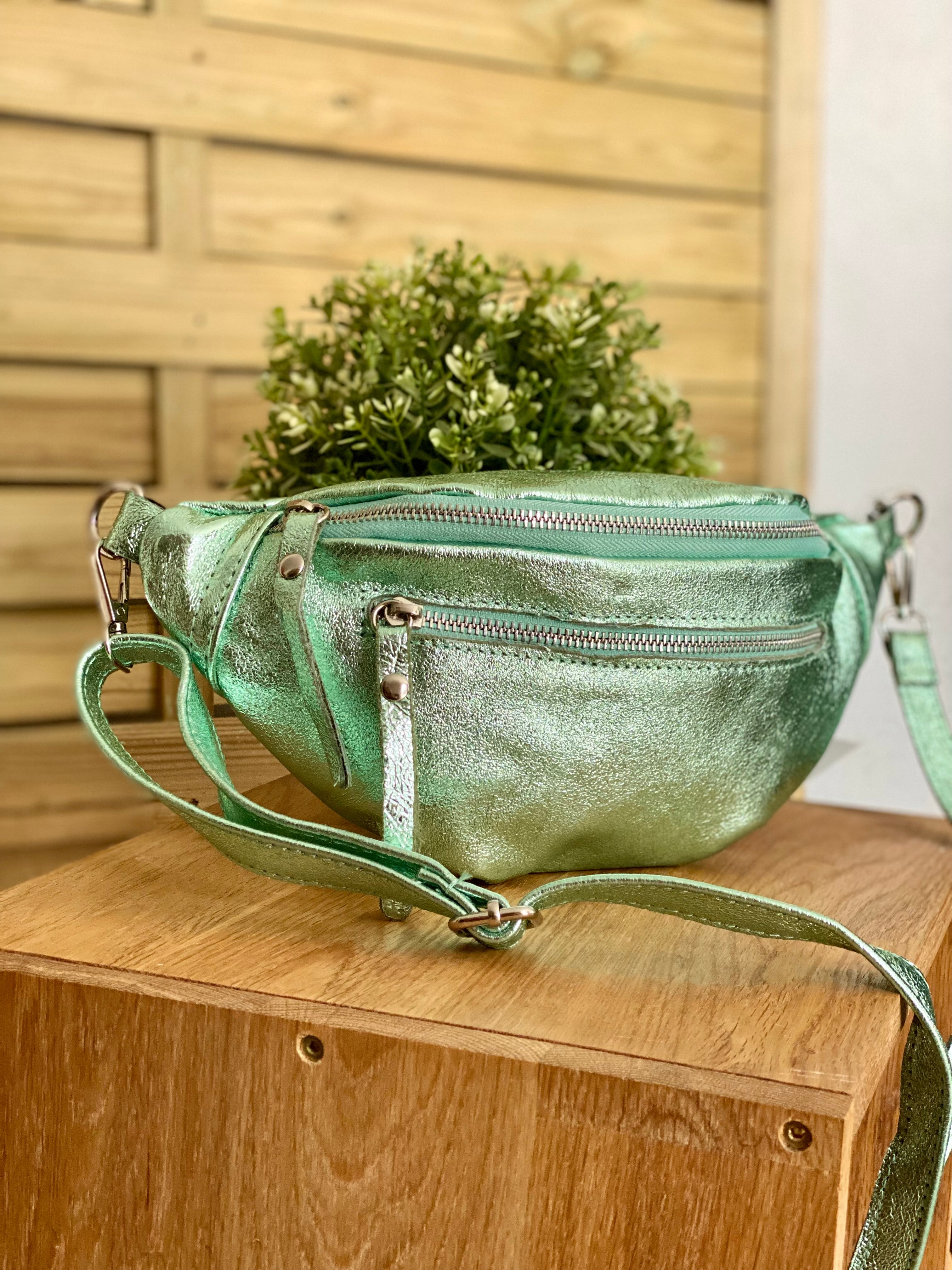 Sac banane en cuir irisé double poche - OPALE  - Vert d’eau