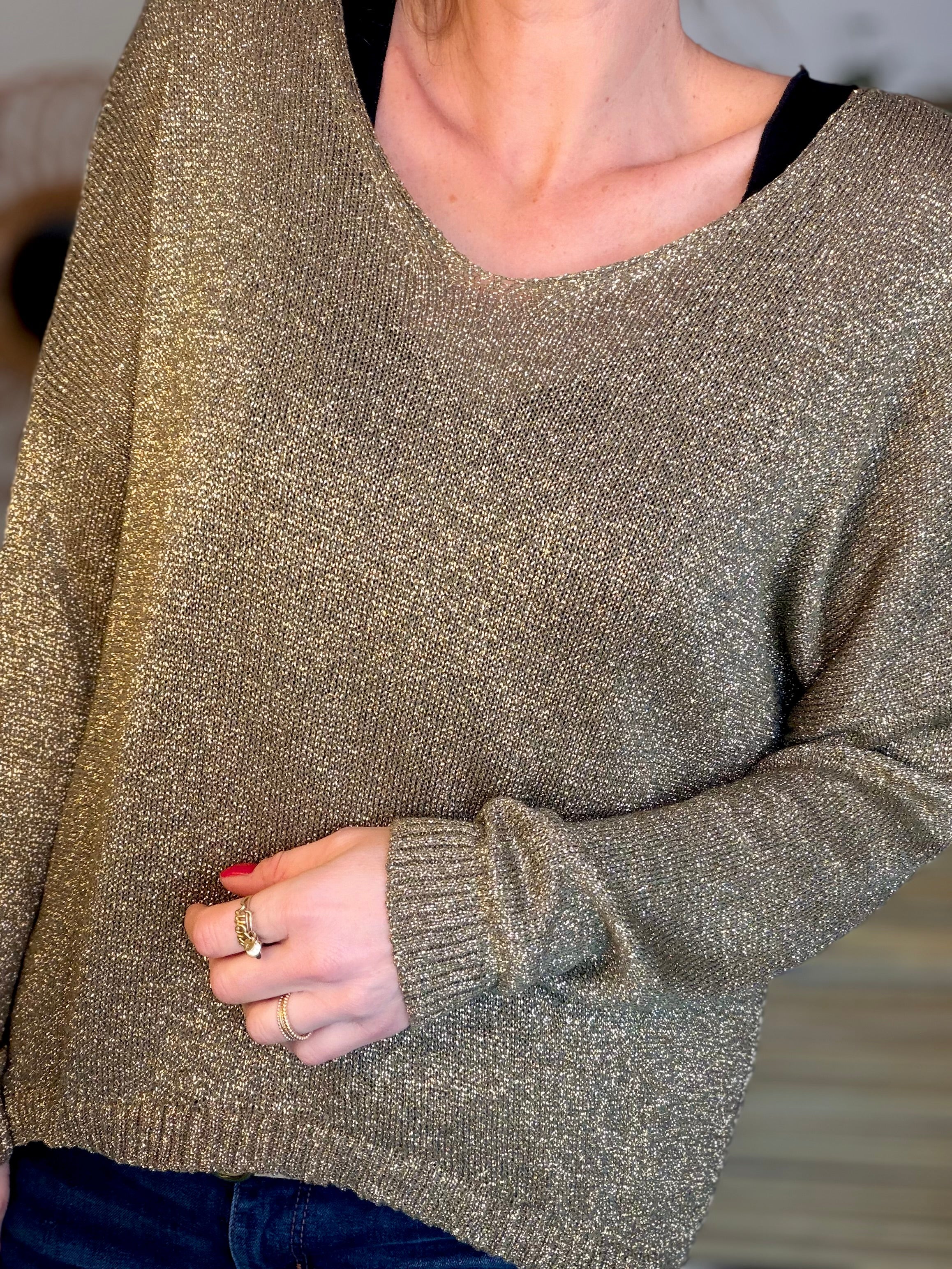 Pull maille lurex et étoile ⭐️ POLLY - Kaki / Doré