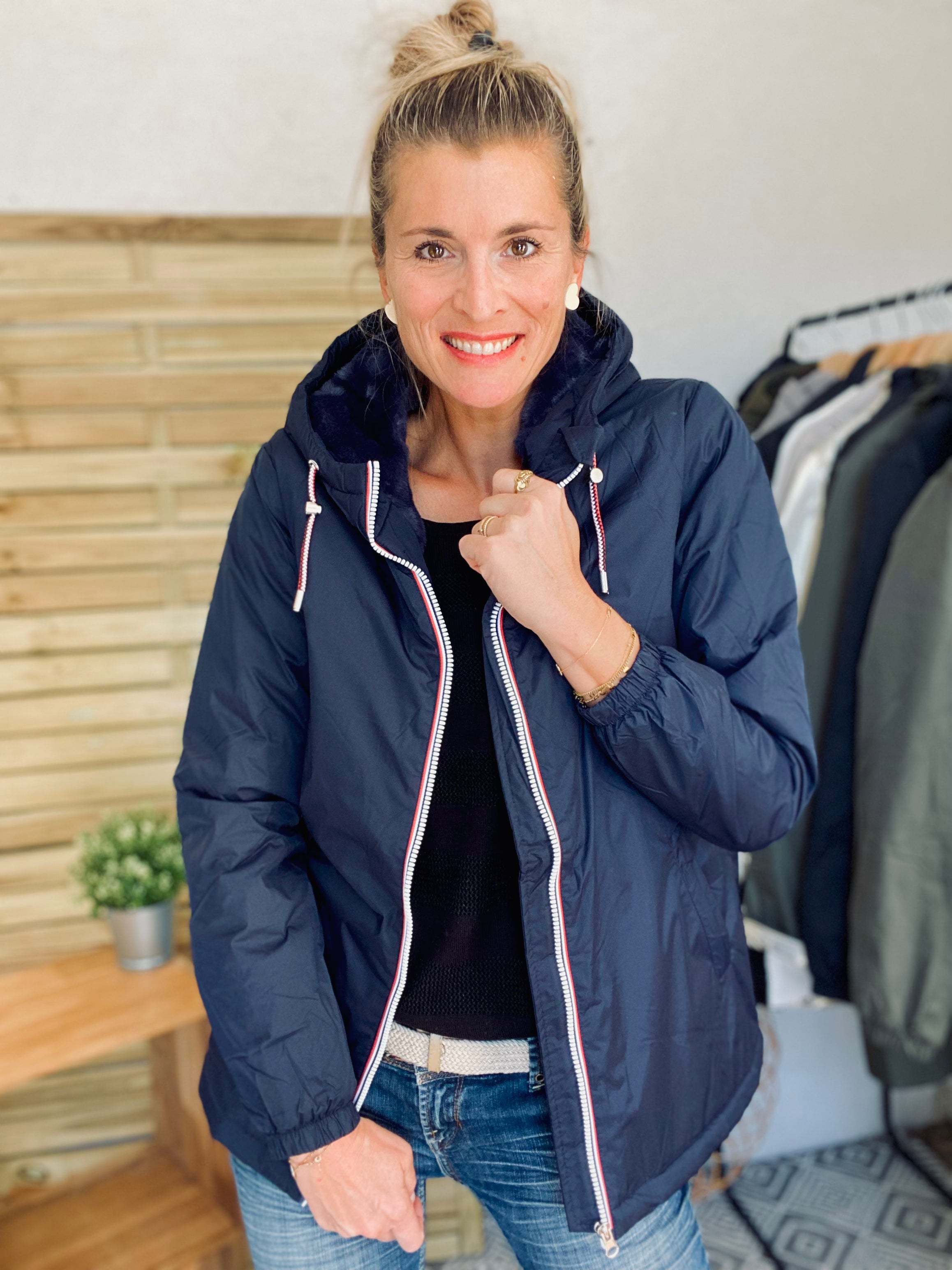 Parka Imperméable THELMA MI-LONG fourré - Bleu marine - Laura Jo